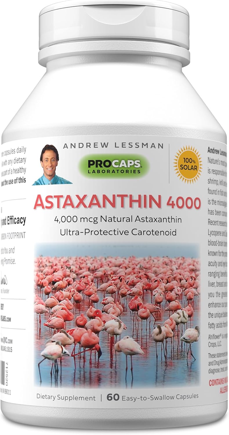 ANDREW LESSMAN Astaxanthin 60 Softgels - 4000 mcg Natural Astaxanthin, Powerful Anti-Oxidant Carotenoid. Protection for Eyes, Heart, Skin and More. No Additives. Easy to Swallow Softgels