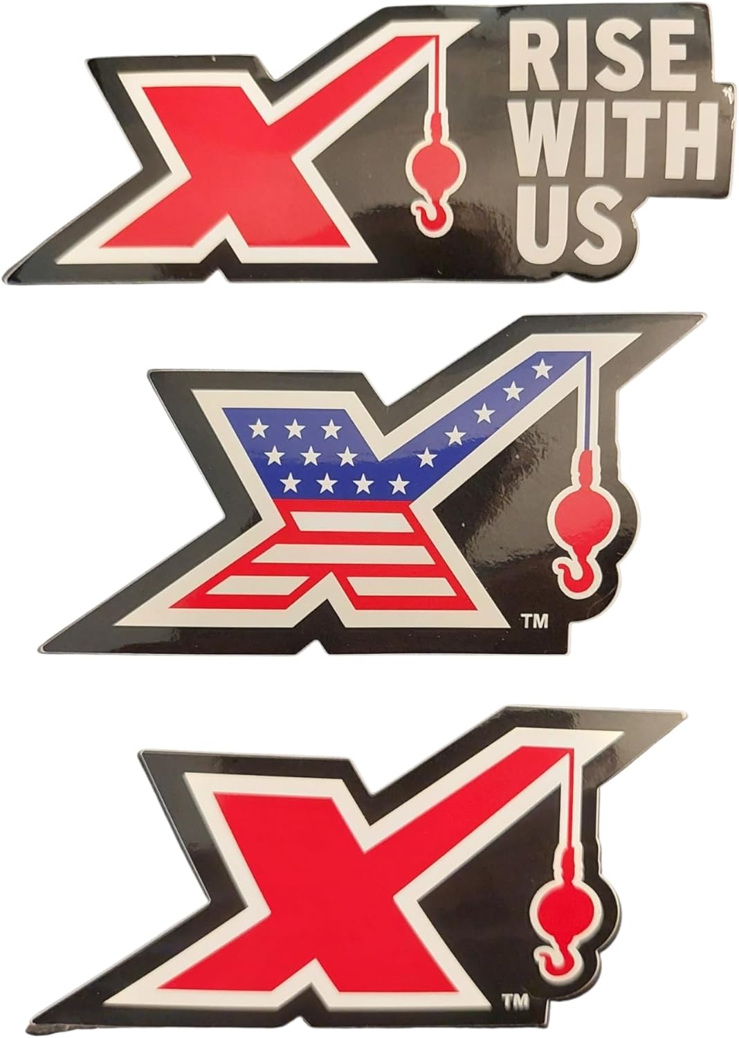 3 Maxim Crane Vinyl Hardhat Stickers. Approx Size for The X Decals is 1.5" x 2.5". The Rise with US Decal is Approx 3" x 1.25". Red, White, and Blue Colors. Vinyl. Glossy Finish.