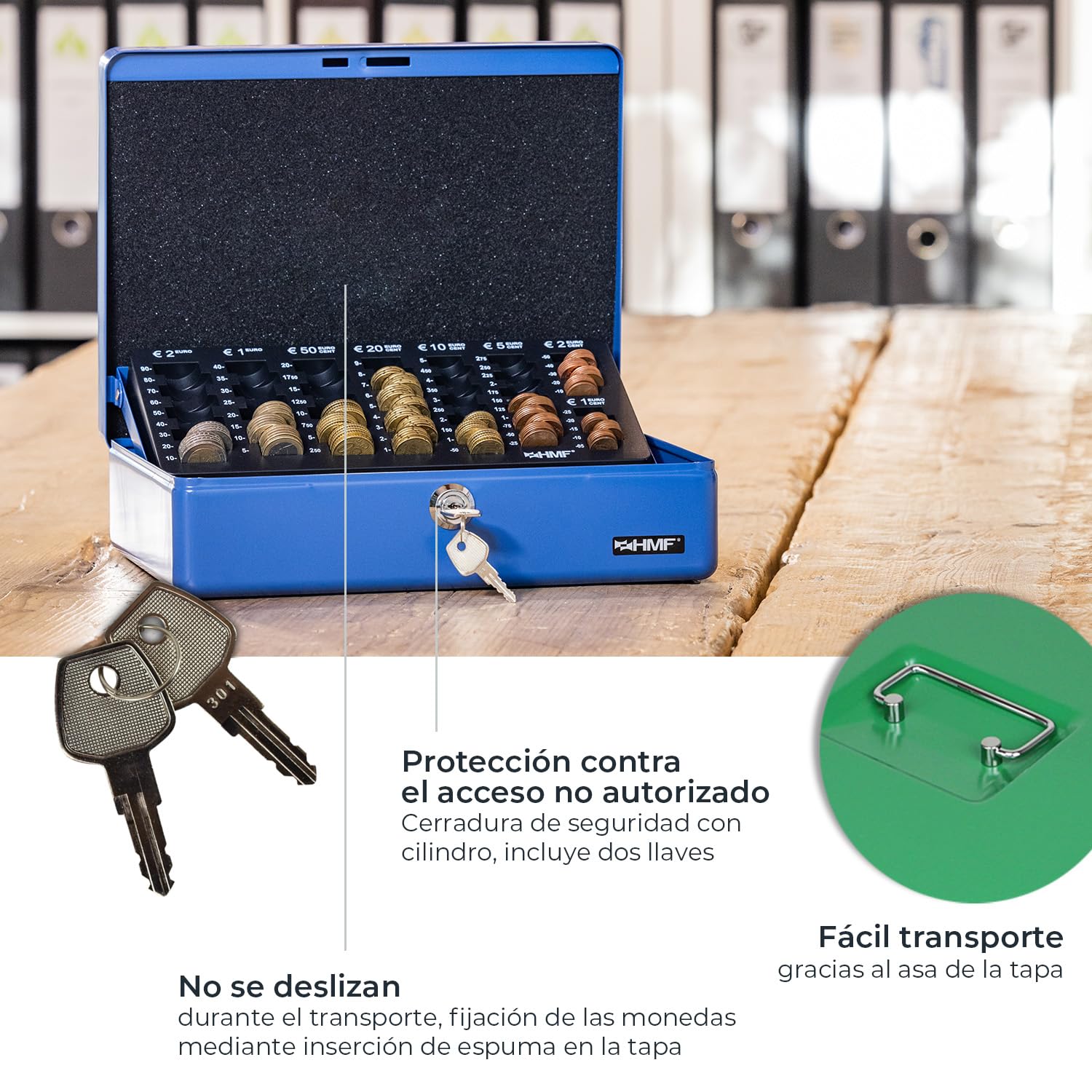 HMF Caja caudales con cerradura y bandeja para contar monedas, 30 x 24 x 9 cm | Verde