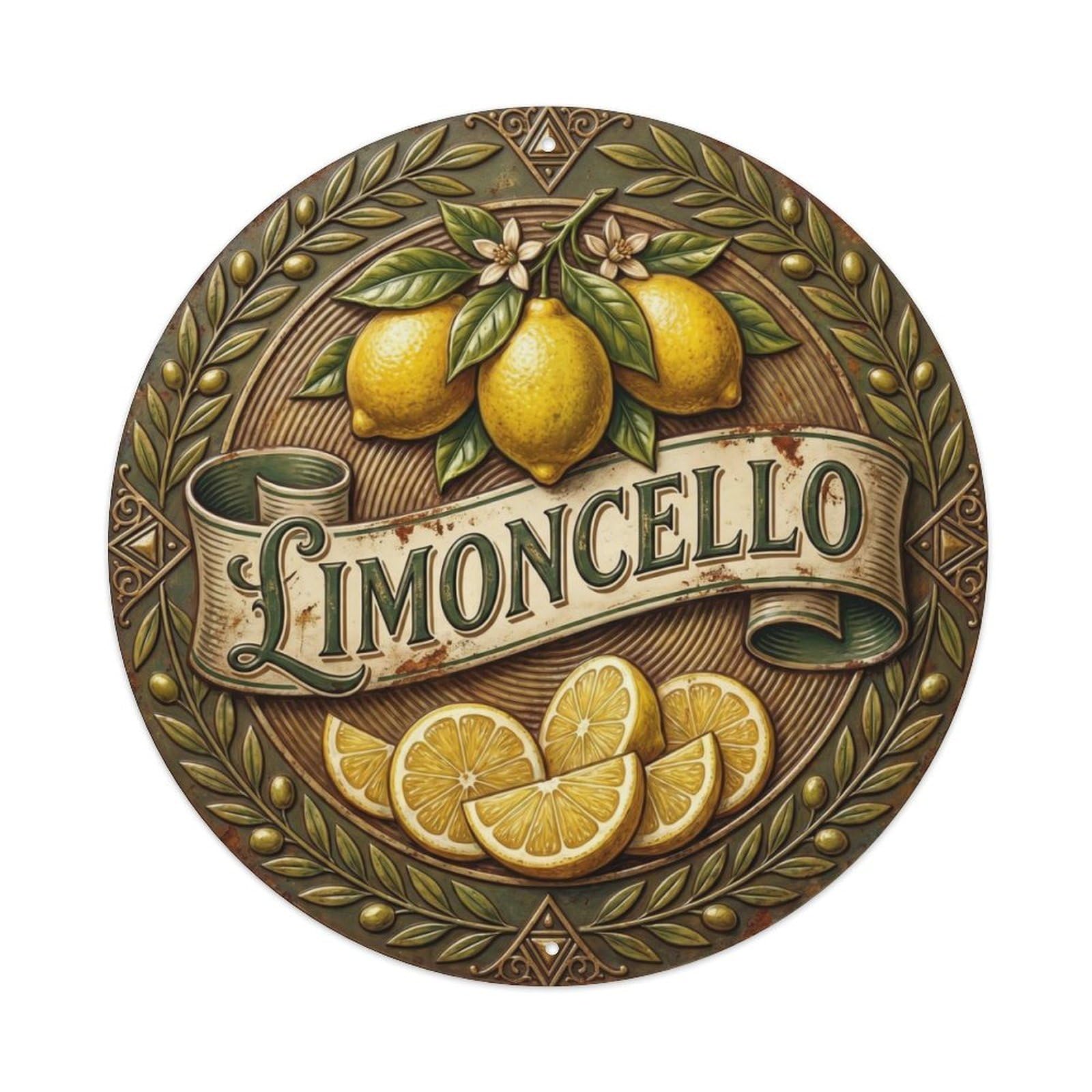 Fqcyn Style Embossed Italian Limoncello Metal Tin Sign Plaque Wall Decor For Cafe, Club Bar, Office, Home Garden Round Metal Poster 8X8inch