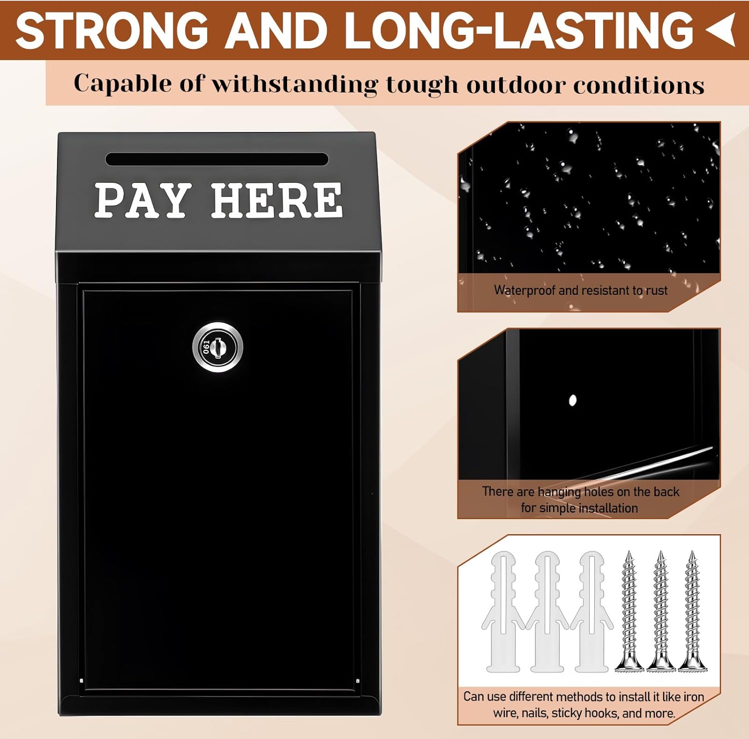 Money Drop Box, 10.2 X 5.7 X 2.8 Inch Black Metal Donation Box with Lock and Slot Wall Mount Pre Drilled Safe Suggestion Boxes Safe Cash Boxes for Farmstand Sales Home Office and Business
