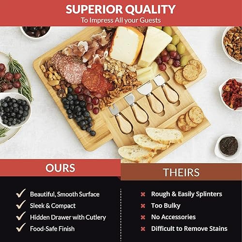 Miniatura 5 de Juego de tabla de queso de bambú y cubiertos con cajón oculto – Elegante bandeja de embutidos para carnes, quesos, galletas – Set de regalo de