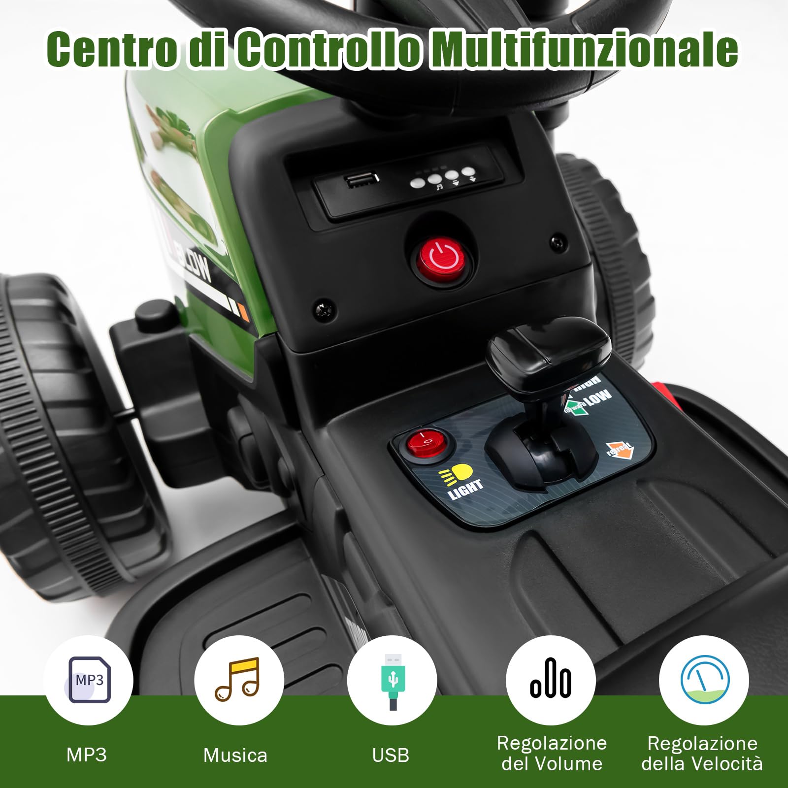 GYMAX Trattore Elettrico per Bambini con Telecomando, Giocattolo Cavalcabile con Funzione di Luce, Musica e Bluetooth, 6 Ruote Antiscivolo, 136 x 51 x 52 cm (Verde Scuro)