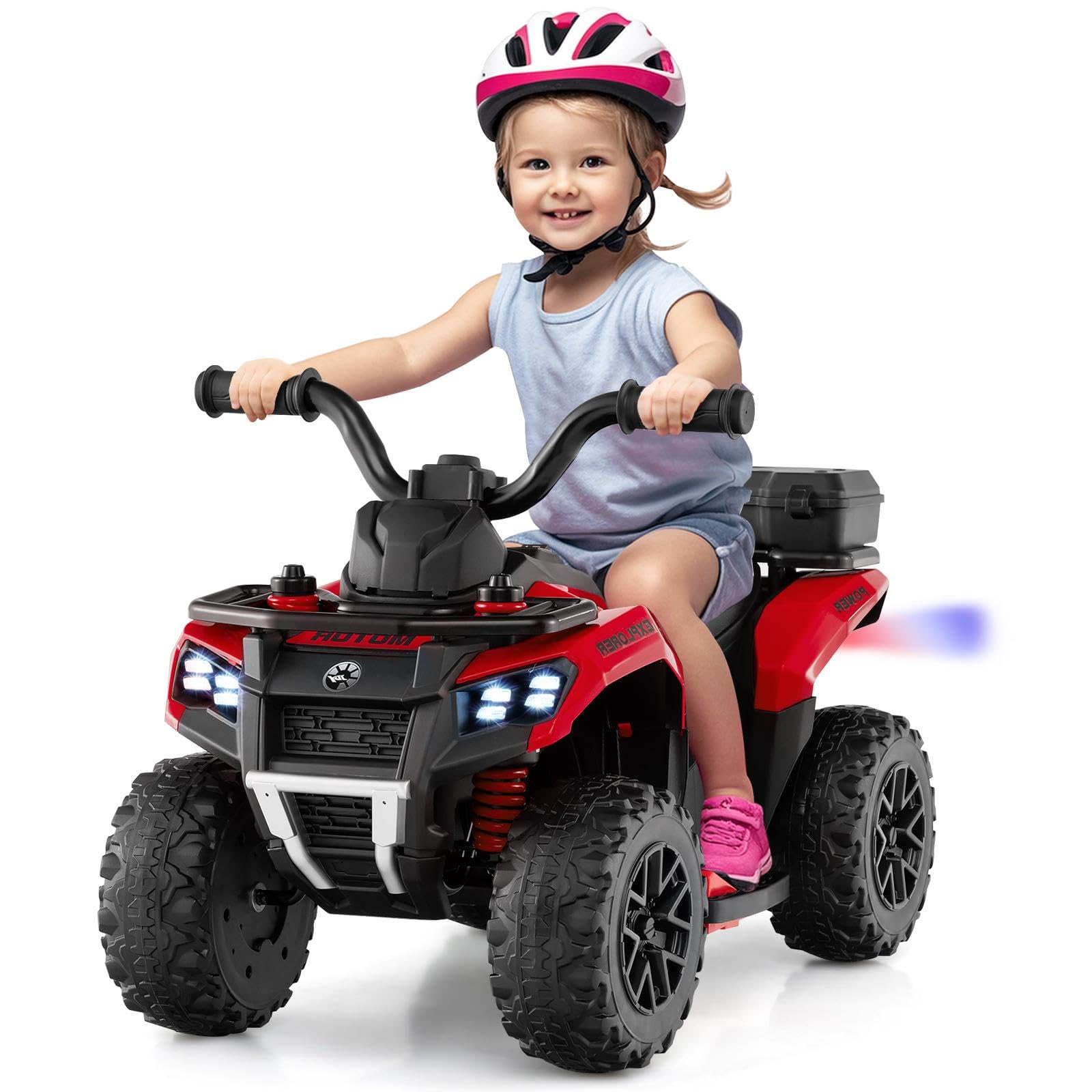 6V Kids Electric Ride on ATV, Battery Powered Quad Bike with Spray Function, Horn, Music, LED Lights, Storage Basket, Toddler Bench Vehicle Toy for Boys Girls 18+ Months (Red)