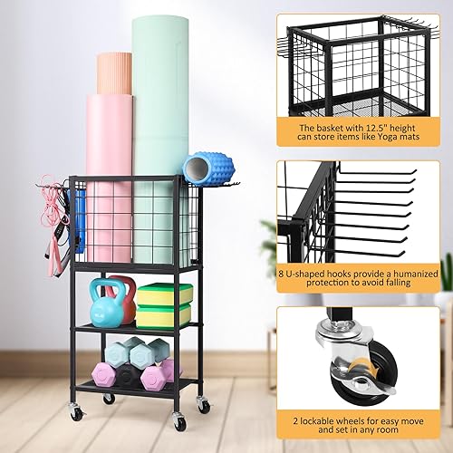 Miniatura 5 de Weight Rack for Home Gym Dumbbells Yoga Mat Storage Rack Cart Small Metal Wood Home Gym Workout Equipment Storage with Hooks for Yoga Block Foam