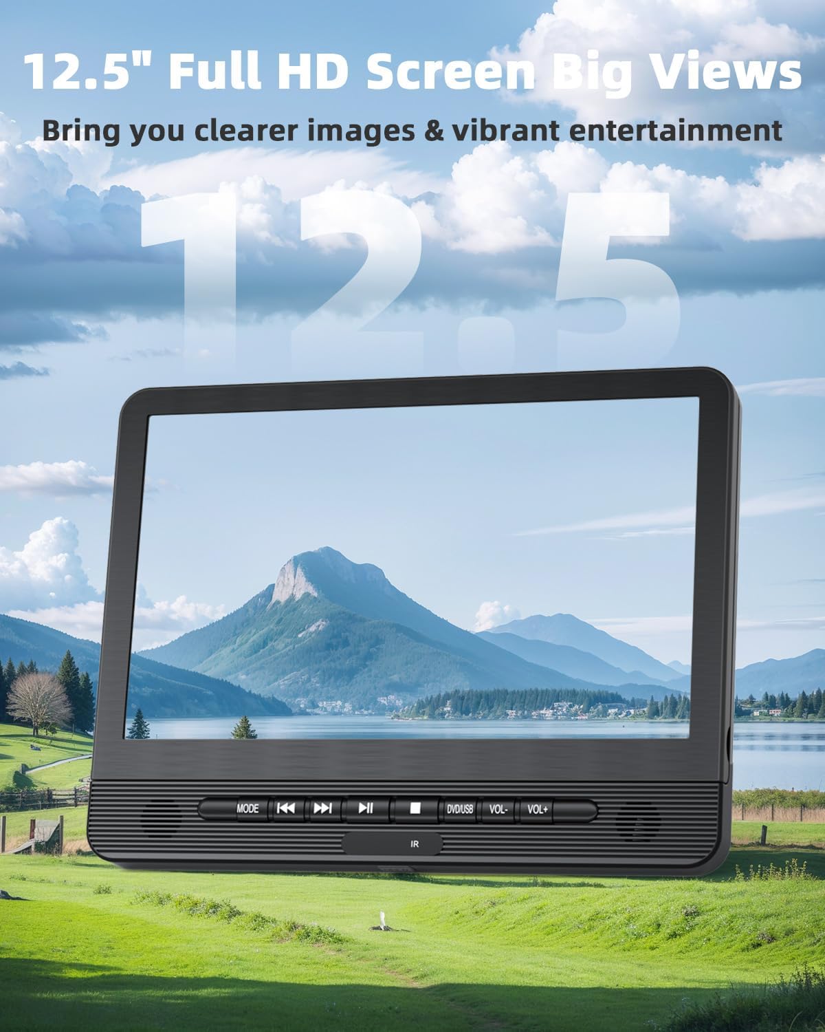 12.5" Dual Portable DVD Player for Car, DESOBRY Car Headrest DVD Player Play Same or Two Different Movies, 5-Hour Rechargeable Battery, Support USB/Sync TV, Region Free