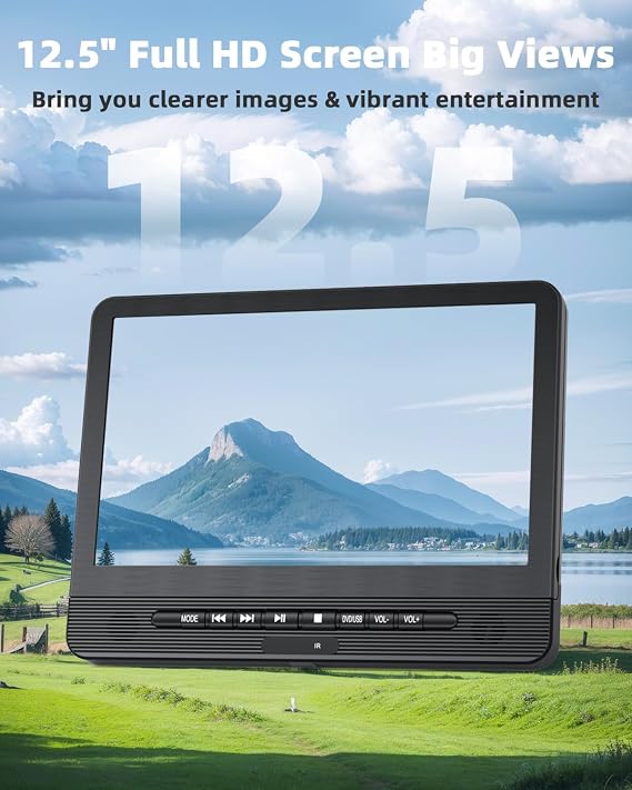 12.5インチ デュアルポータブルdvdプレーヤー、desobry 車用ヘッドレストdvdプレーヤー、同じまたは2つの異なる映画を再生、5時間充電式バッテリー、usb/同期テレビ対応、リージョンフリー