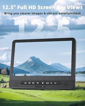 12.5インチ デュアルポータブルdvdプレーヤー、desobry 車用ヘッドレストdvdプレーヤー、同じまたは2つの異なる映画を再生、5時間充電式バッテリー、usb/同期テレビ対応、リージョンフリー