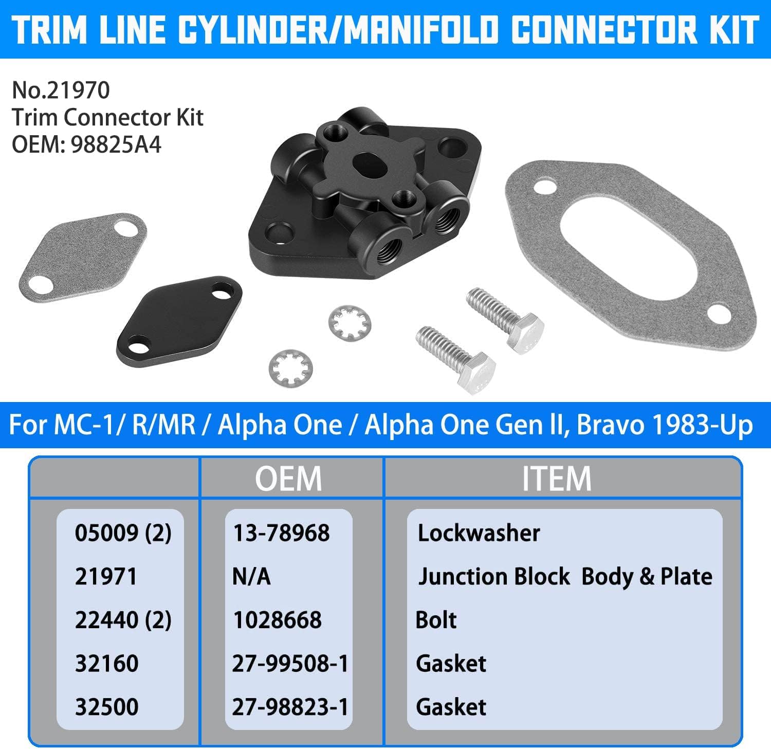 21970 Trim Line Zylinder-/Verteileranschlusssatz passend für Mercruiser Alpha, Bravo-Antriebe. Ersatz für 98825A4 8M0080805 8M0137703