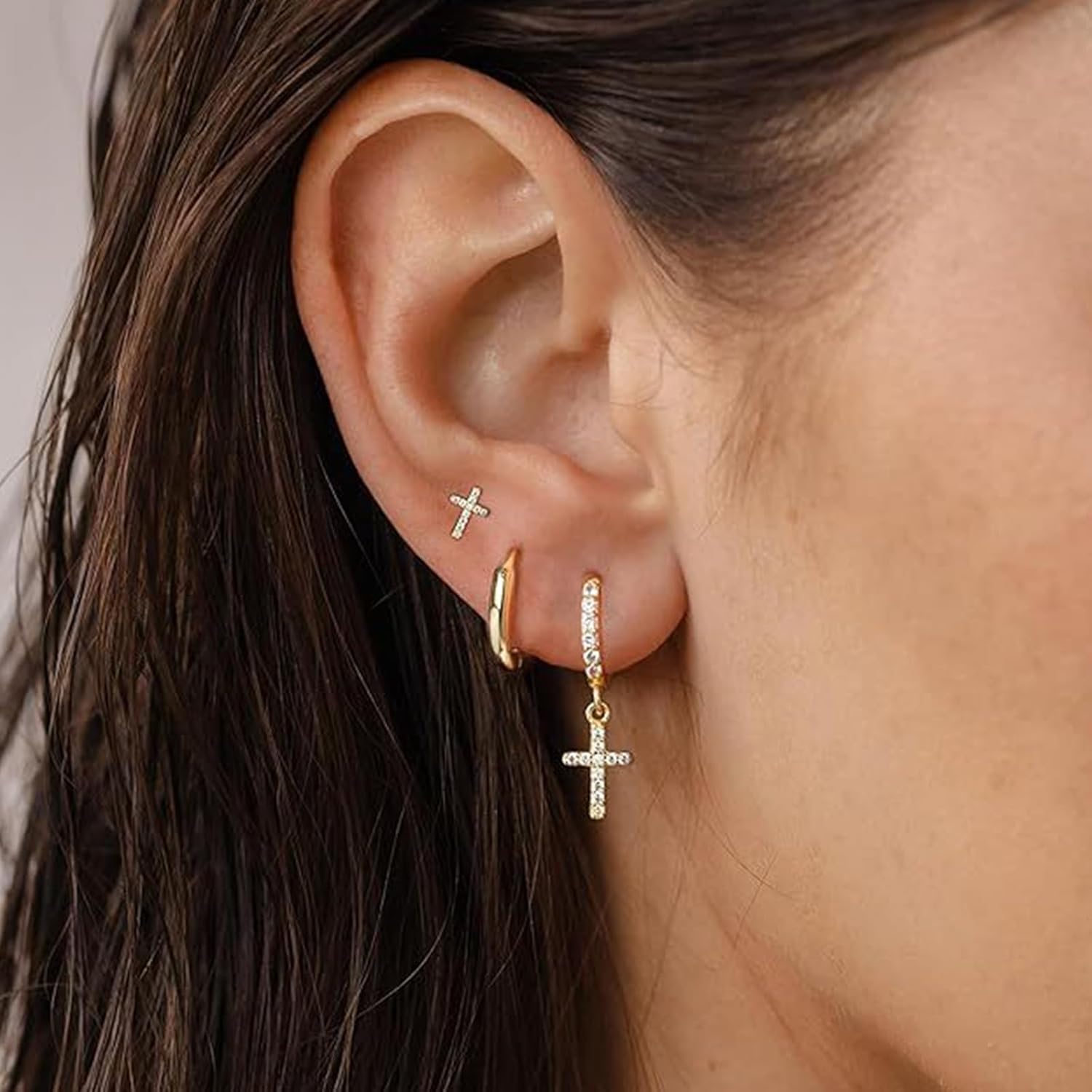 3 Pairs 14K Gold Plated Cross Cubic Zirconia Hoop Earrings Set, Hypoallergenic Cartilage Stud and Dangle Earrings for Women Everyday Jewelry - Image 3