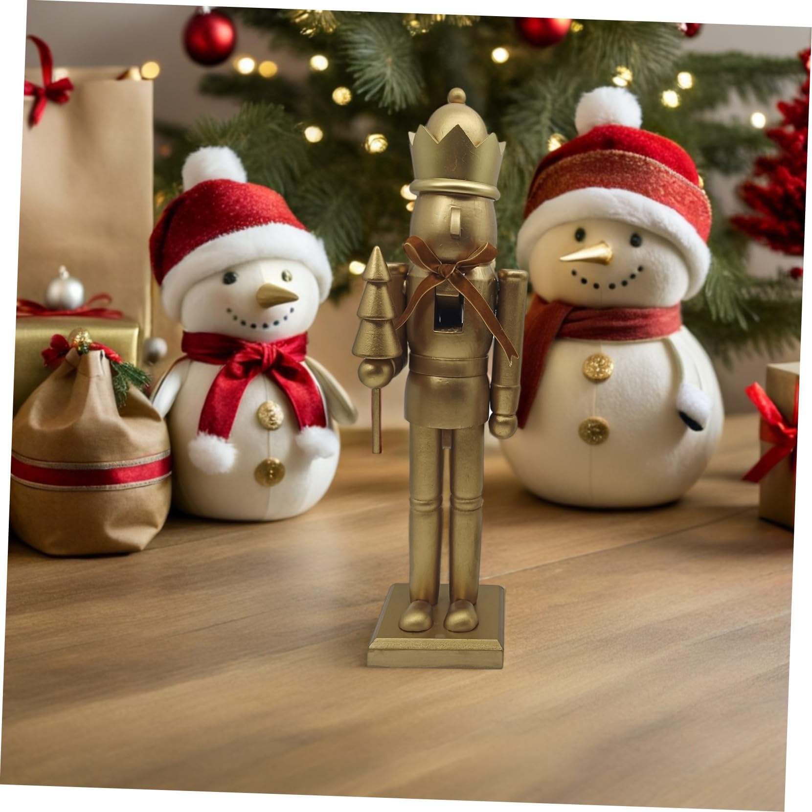 Drewniany Nutcracker Żołnierz z Złotą Kokardą Klasyczna Świąteczna Dekoracja Kominek i Stół Figurka Bożonarodzeniowa Xmas Celebration