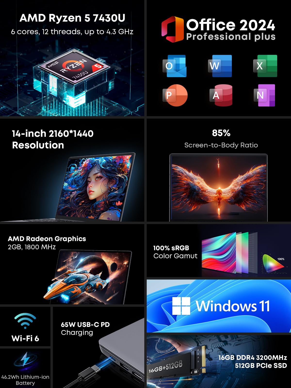 CHUWI ノートパソコン Office 2024 搭載 パソコン 2160*1440 2K CoreBook X 14.1インチ Ryzen 5 7430U プロセッサー搭載 メモリ16GB SSD512GB Windows11 HDMI 4K出力/Type-C*2/Wifi6 BT5.2 100W webカメラ/バ46.2Wh/1.35kg/オフィス・エンタメノートPC 画像 2