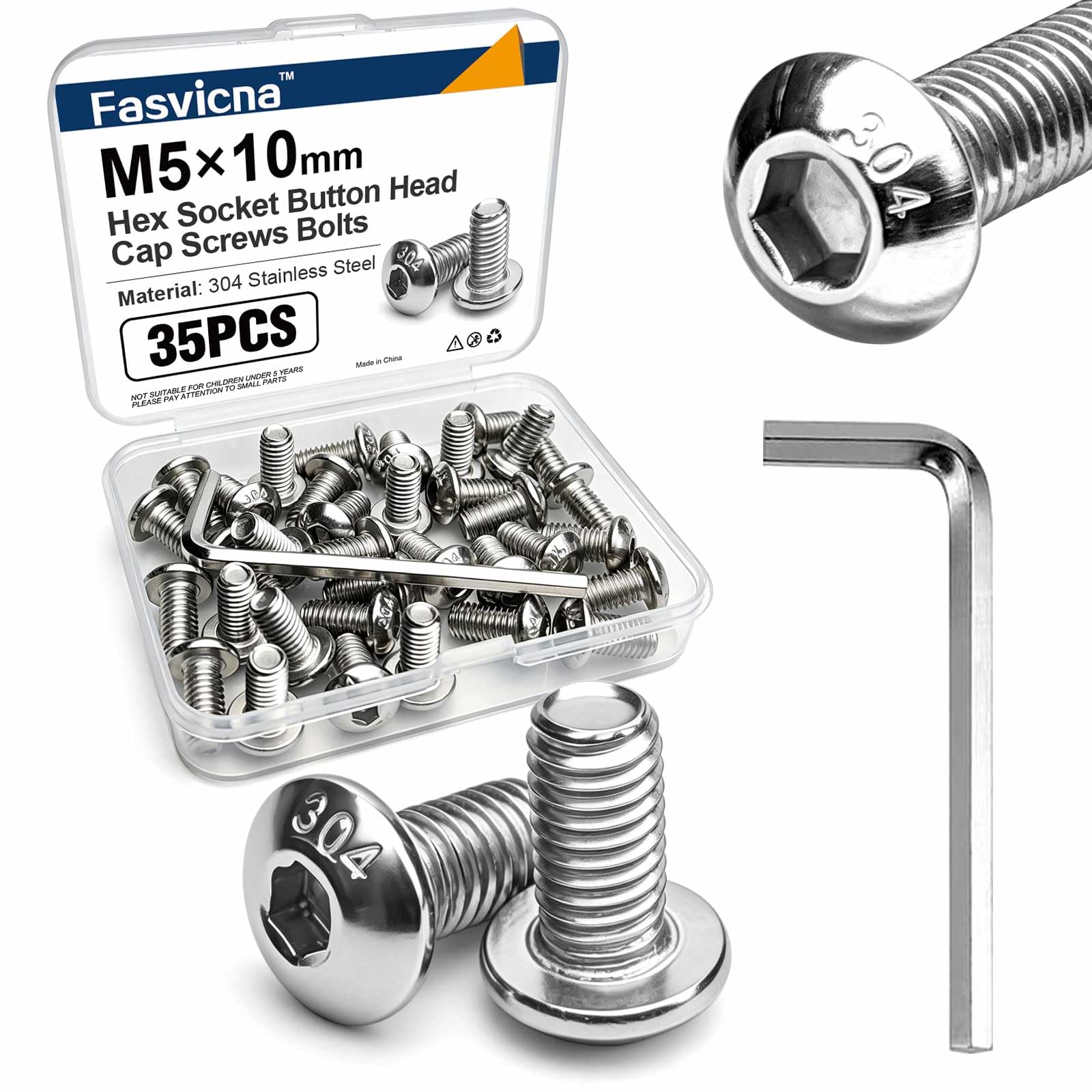 Stainless Steel Socket Head Screws - 35 Pack M5x20 -10