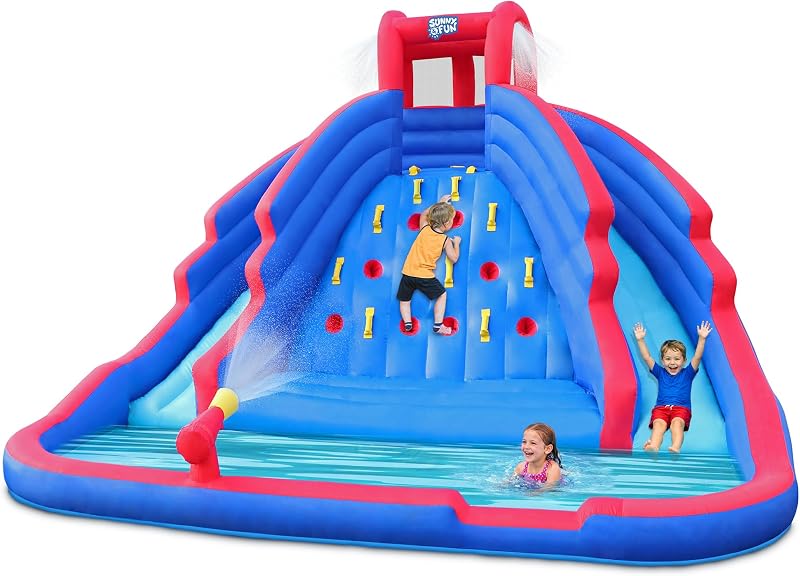 Parque de toboganes acuáticos inflable Ultra Climber con dos toboganes | Parque acuático inflable Oxford de alta resistencia para patio trasero de niños | Muro de escalada, pileta de chapoteo, soplador de aire y bolsa | Fácil instalación y drenaje