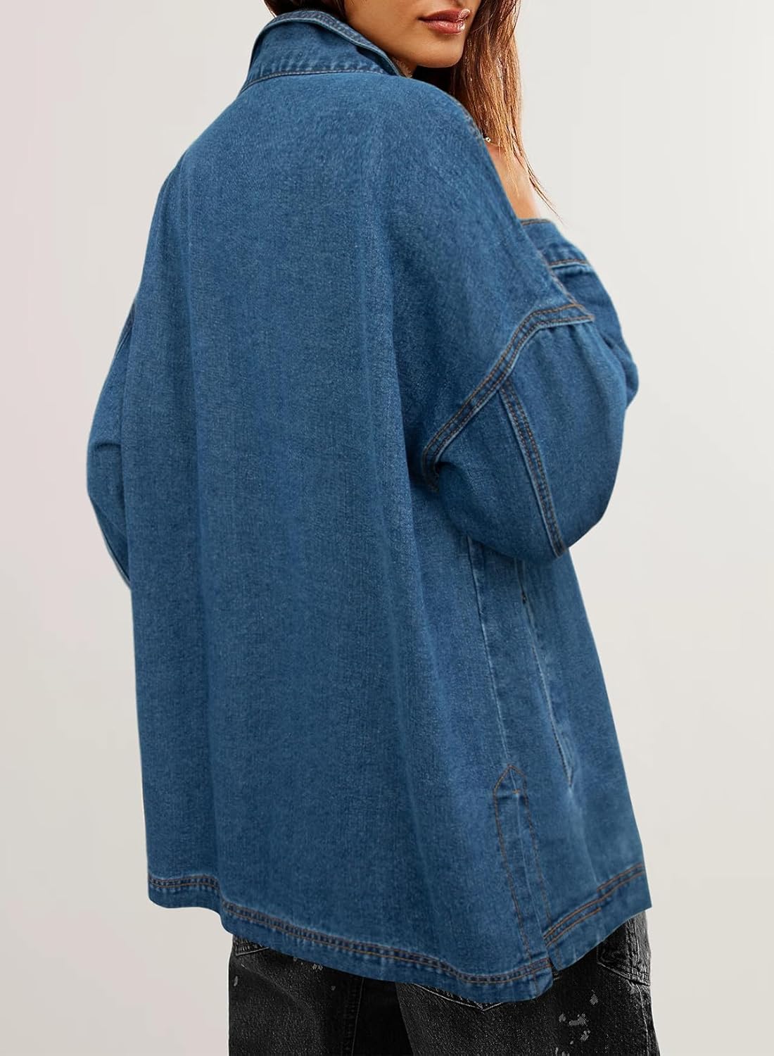 Sidefeel Women's Jean Jacket Oversized Boyfriend Button Up Long Sleeve Split Zimbaplatinum Denim Jackets - Image 2