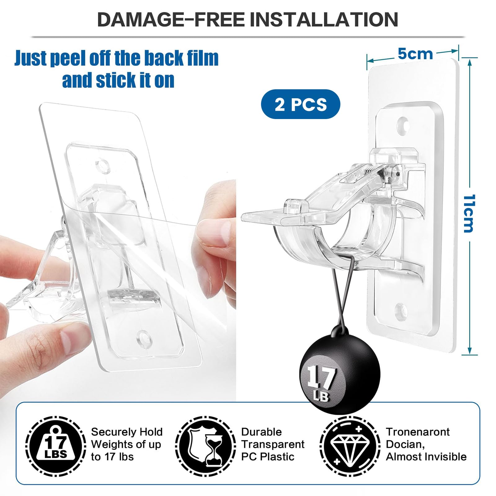 Ganci Autoadesivi Per Tendaggi - 16 Pezzi, Trasparenti, Senza Foratura, Portata 5kg