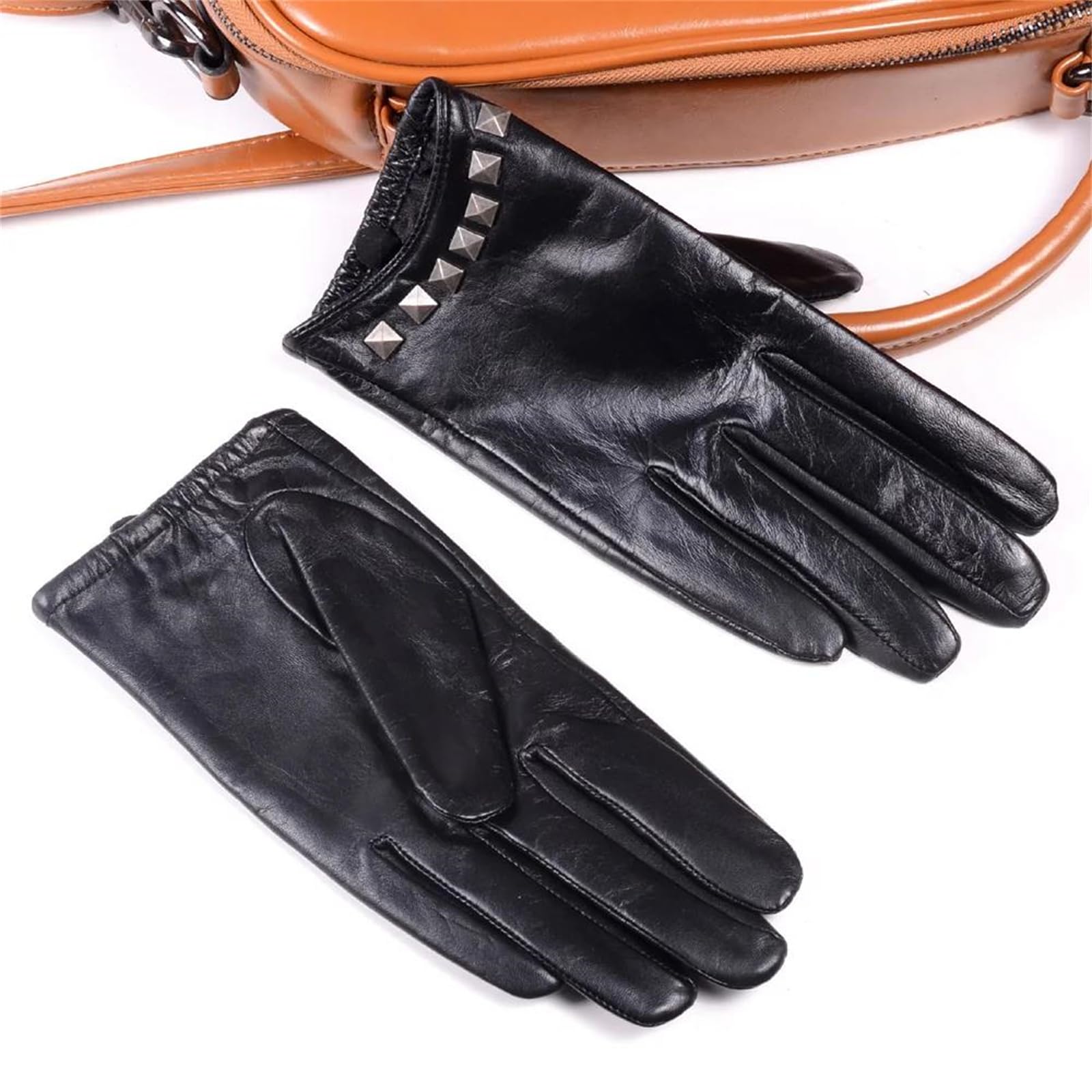 Guantes de piel de cabra auténtica para mujer, punk, remache corto, para montar en motocicleta, conducir, formal