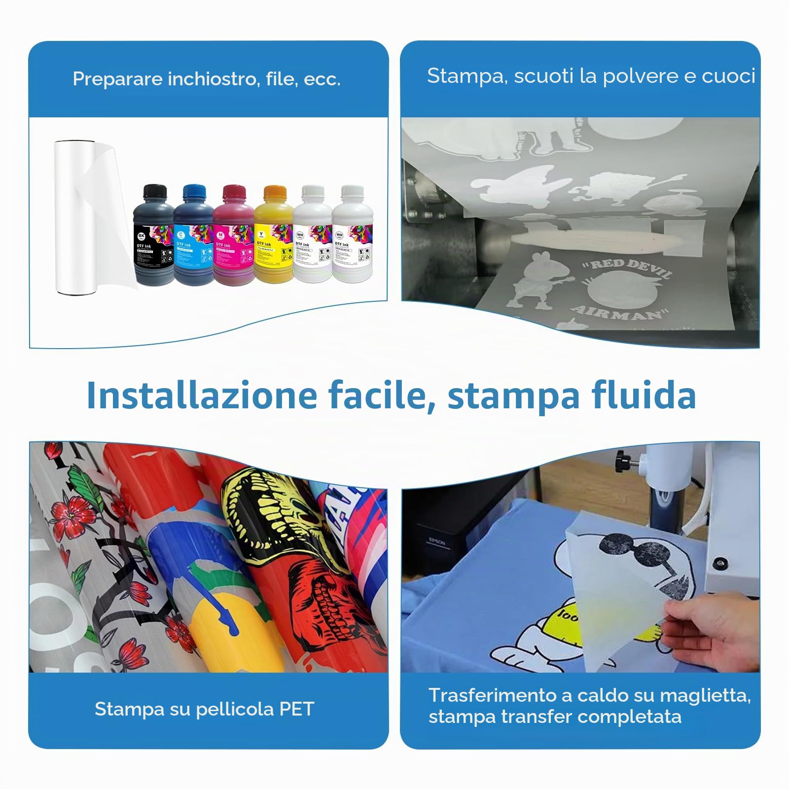 DTF Inchiostro 5x250ml Inchiostro a pigmenti premium per pellicole PET, inchiostro di ricarica per trasferimento termico per tutte le stampanti DTF con testine di stampa come DX5 DX7 5113