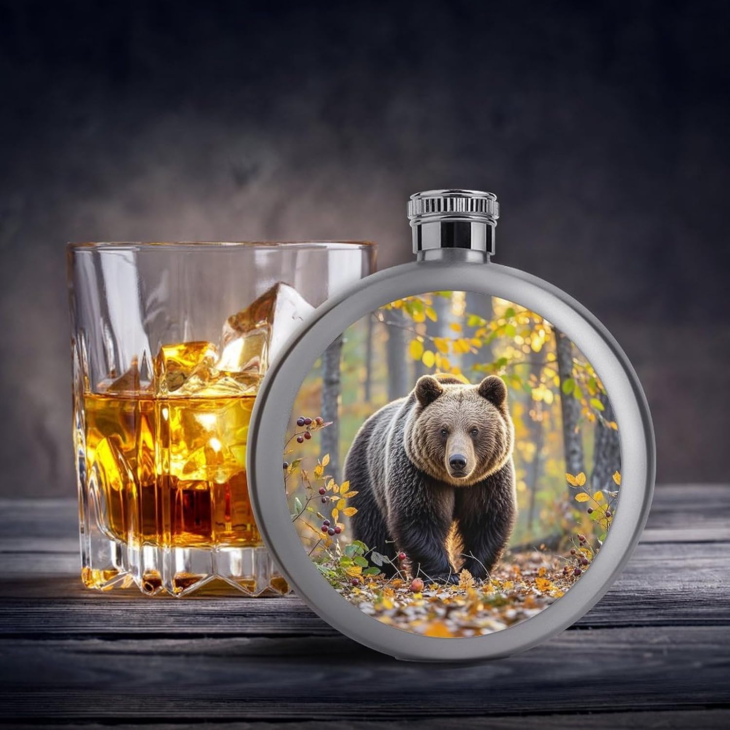 Brown Bear in Autumn Stainless Steel Flagon to 5 Oz with Screw Cap,Hip Flask for Men–Whiskey & Liquor Pocket Flask,Alcohol Flagon for Camping Drink Sports Outdoor Wine Bottle