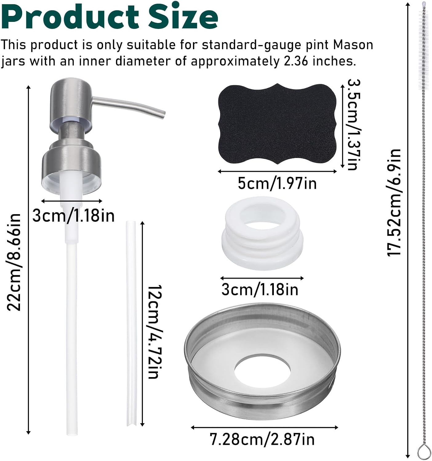 2 Pcs Mason Jar Liquid Soap Dispenser Pump with 2 Brushes and 4 Lables Rust Proof Stainless Steel Lid Regular Mouth Mason Jar Soap Dispenser Pumps and Lids for Lotion Soap-Hand Soaps Dish Soaps