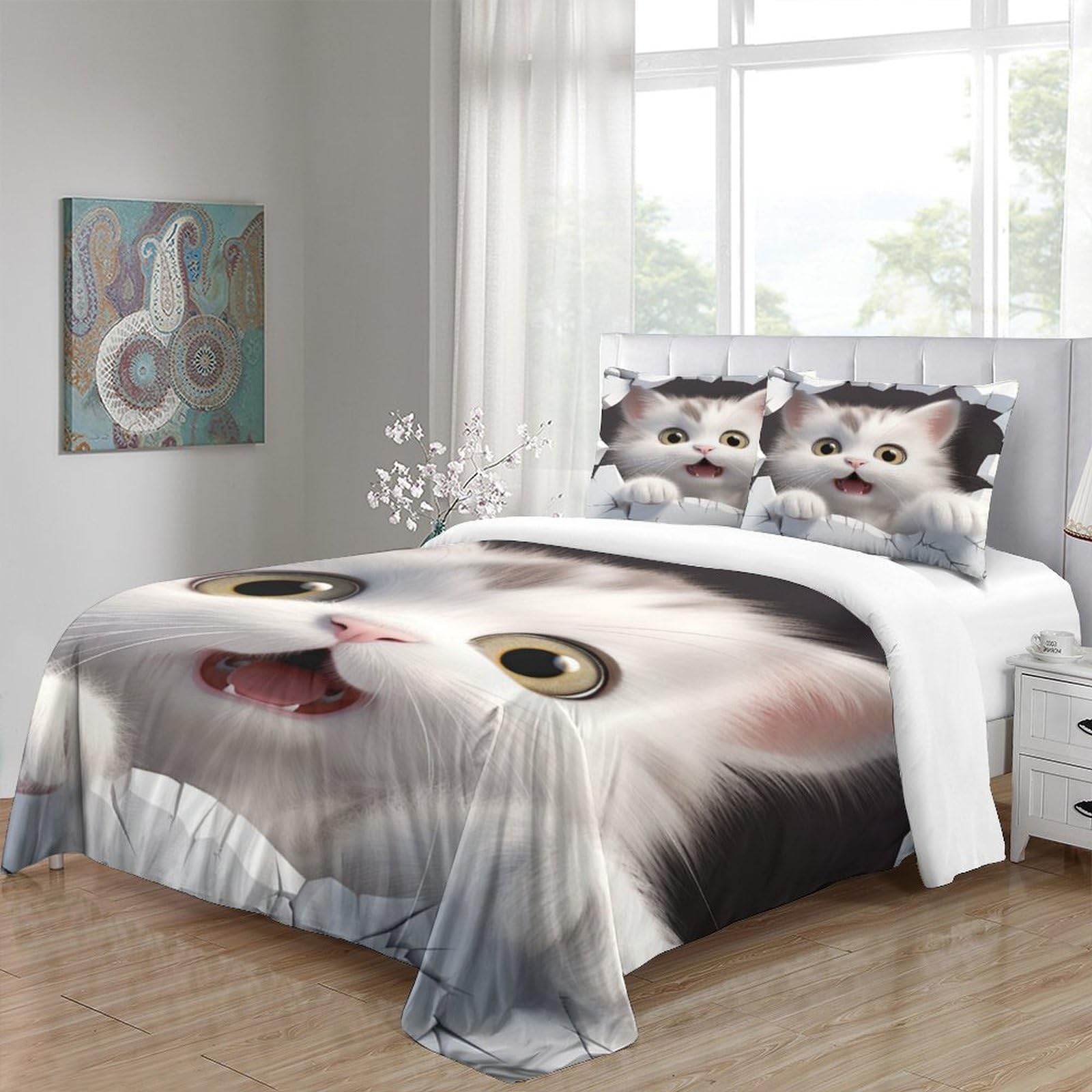 Gato de Dibujos Animados Juego De Ropa De Cama 3 Piezas Juego De Animal 3D Funda De Edredón con Fundas De Almohada De Suave Microfibra con Cremallera para Niños Y Niñas Infantiles Double（200x200cm）