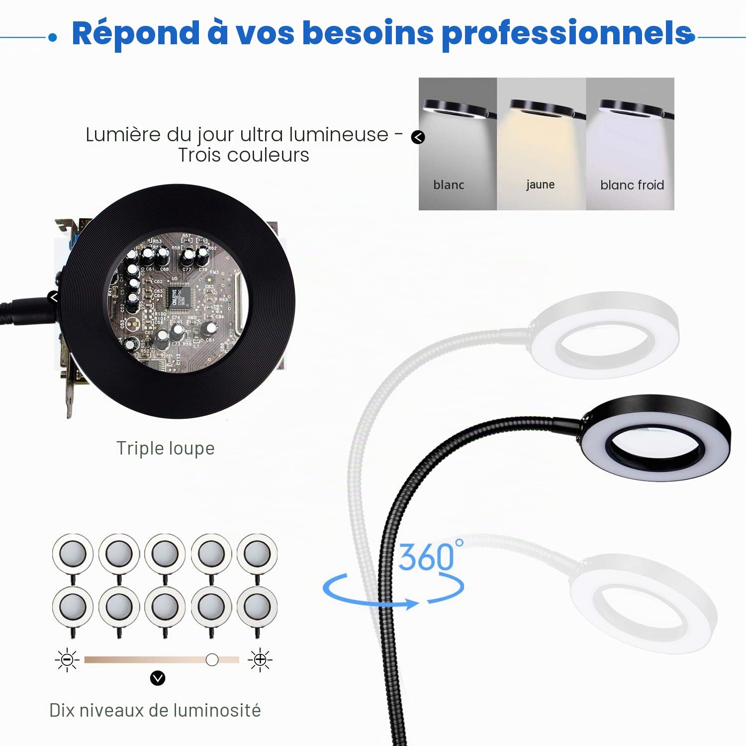 Support Multifonction Troisième Main Soudure, Avec 5 Bras Flexible secourable Pince clip réglable Loupe 3X et LED à 3 modes, adaptées au travail des ingénieurs en soudure electronique