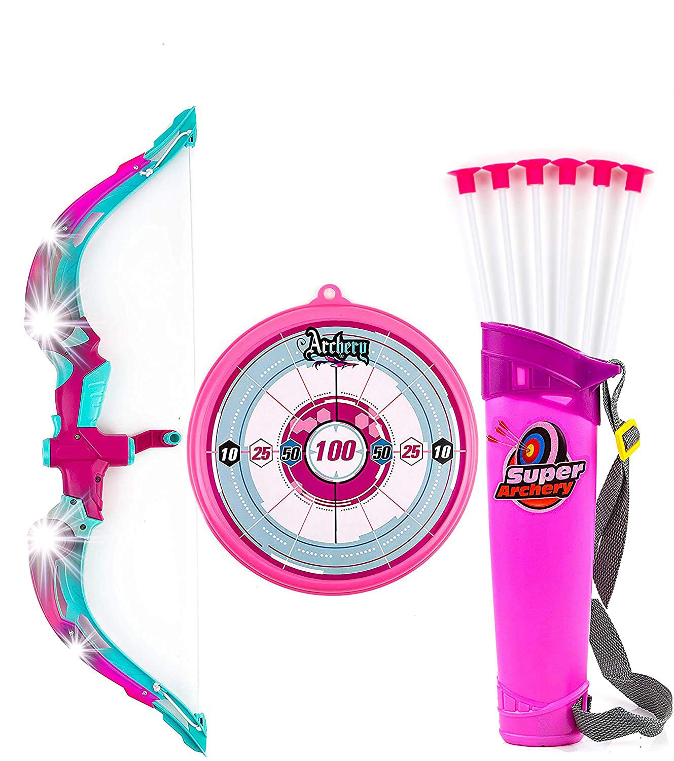 Toysery Kids Bow and Arrow Set with LED Flash Light, Toy Bow and Arrow for Kids 8-12 Years Old - Toy Bow and Arrow Set for Boys and Girls, Includes Archery Bow, 6 Archery Arrows, Target, Quiver (Pink)