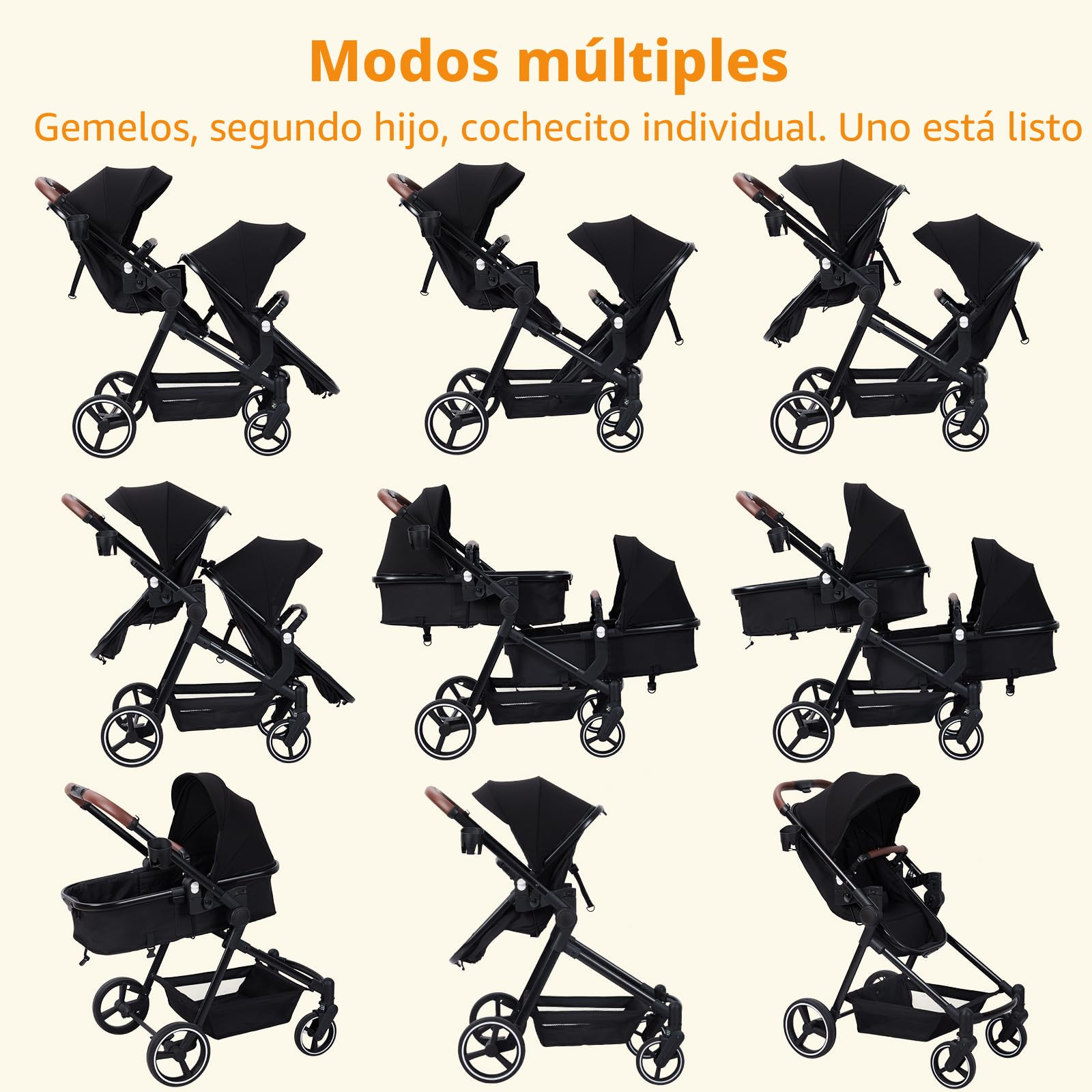 Cochecito doble para dos niños, con función reclinable, respaldo ajustable, plegable, de 0 a 36 meses