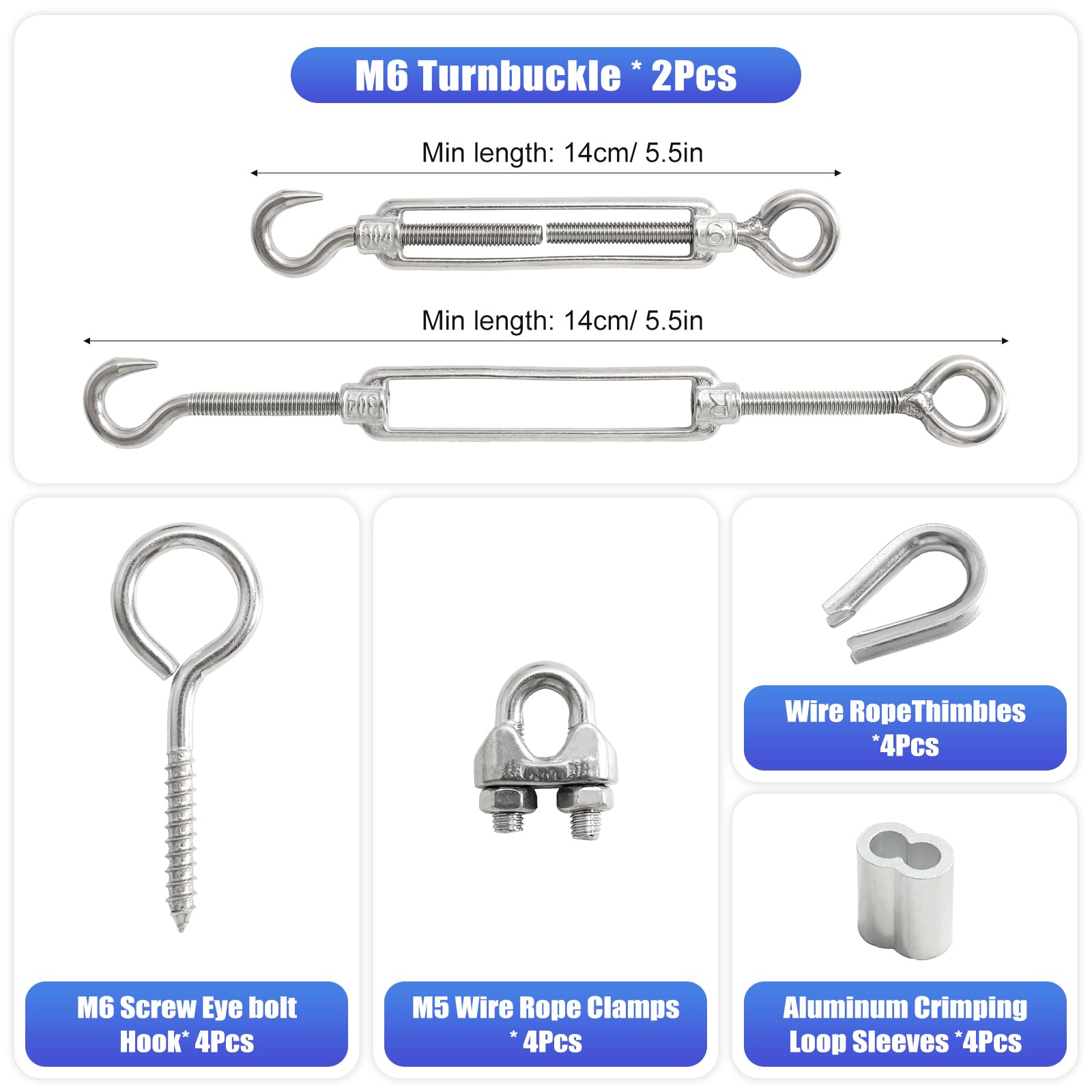 Kit Cavo Acciaio Inox 5mm 30M Rivestito PVC, con Tenditore M6 e Accessori, per Stendibiancheria, Piante Rampicanti, Tende e Sostegni Esterni