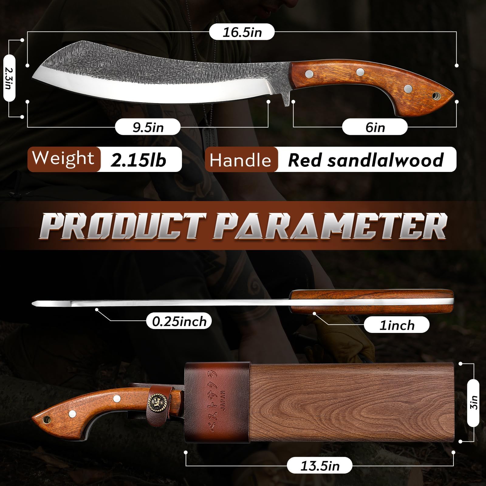 Golden Bird Outdoor Messer Survival Machete Großes Full Tang Design mit Holzgriff und Eichenholz-Scheide – Präzise Bushcraft Messer für Camping, Gartenarbeit und Überlebenssituationen- Geschenke