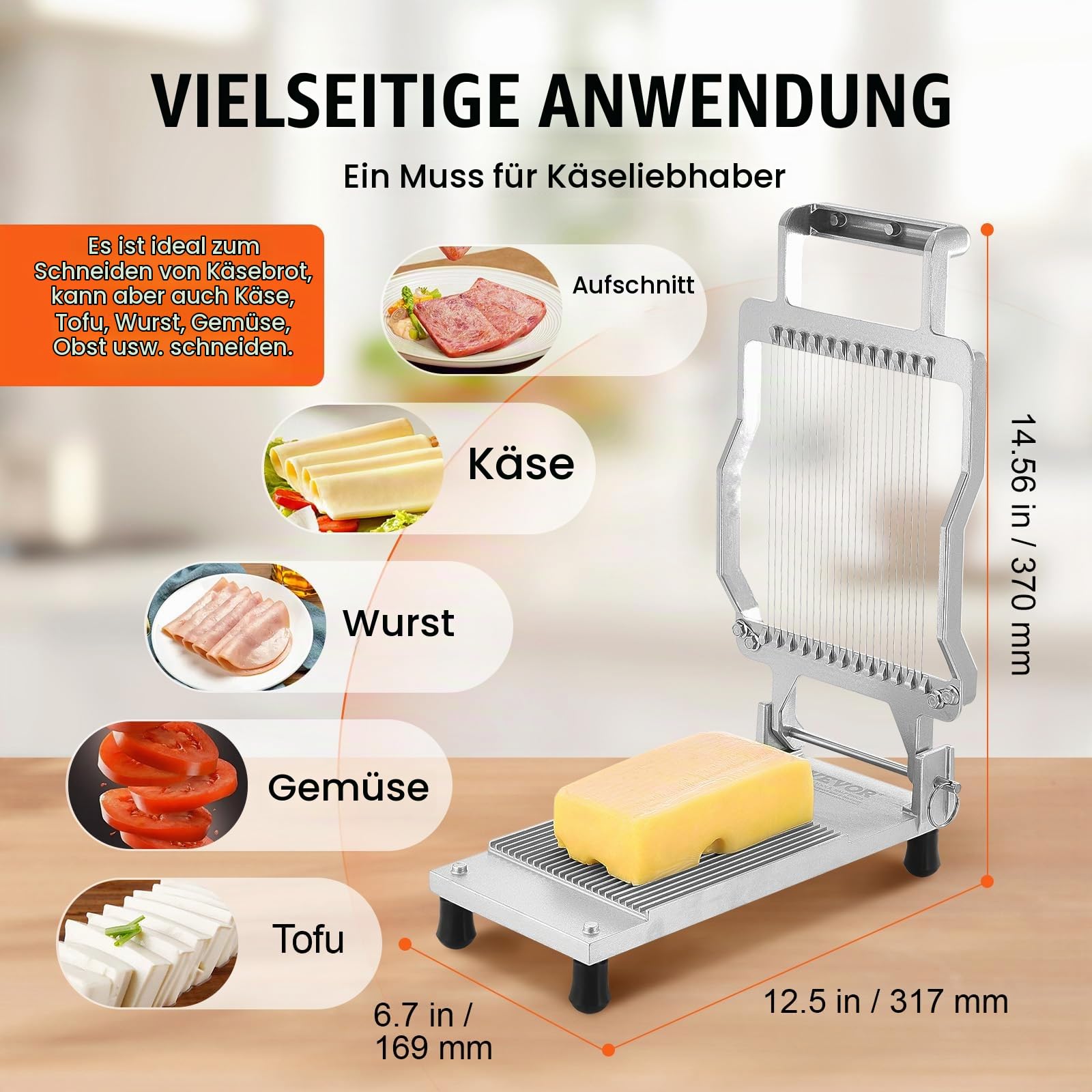 VEVOR Käseschneider mit Draht, Käsehobel 5,08 mm ultradünne Käse-Butterschneideklinge, abnehmbarer Käsehobeldraht, Aluminiumlegierung + Edelstahl, zum Kochen in der Küche, Schneidewerkzeuge