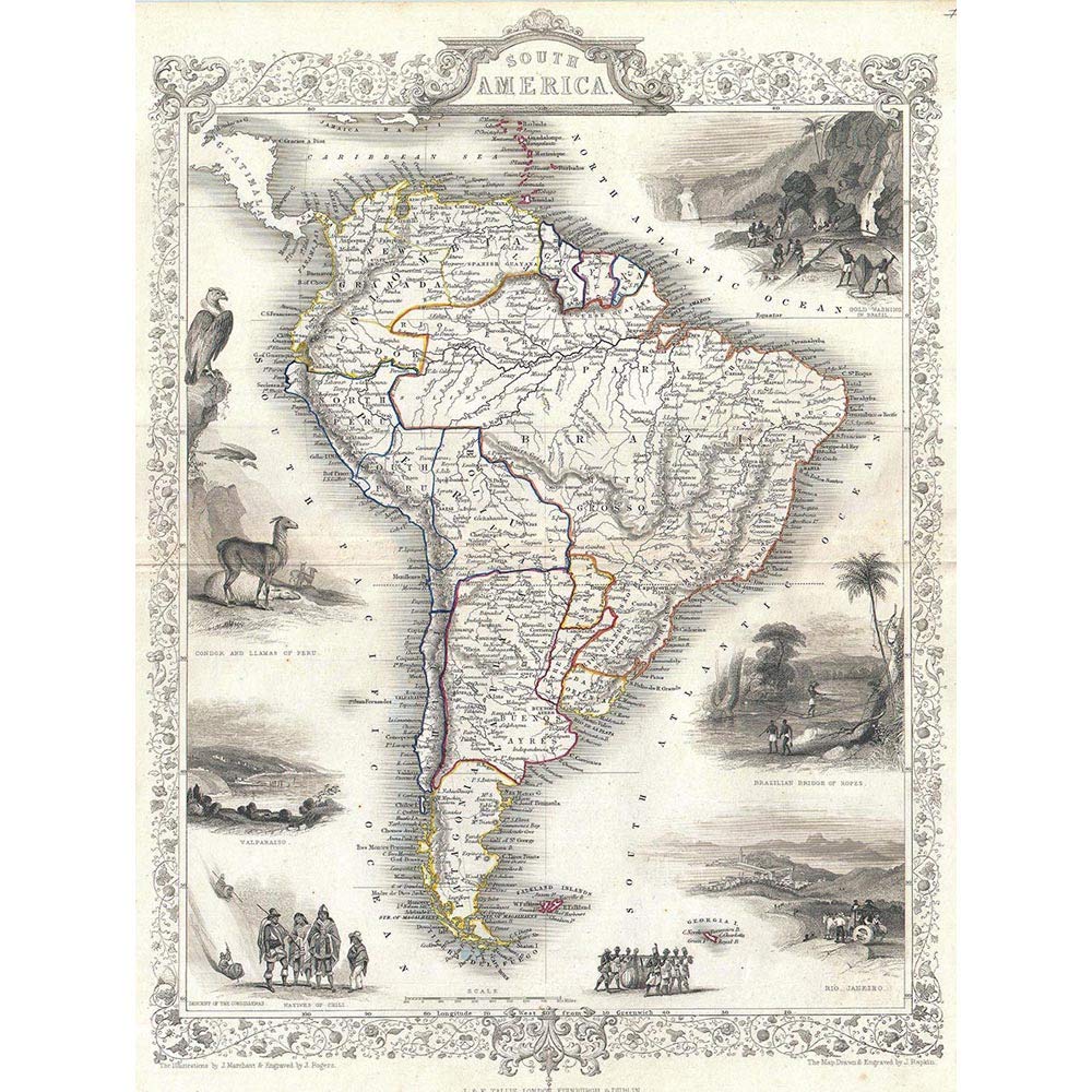Wee Blue Coo Tallis Map South America 1850 Vintage Art Print Poster Wall Decor 12X16 Inch