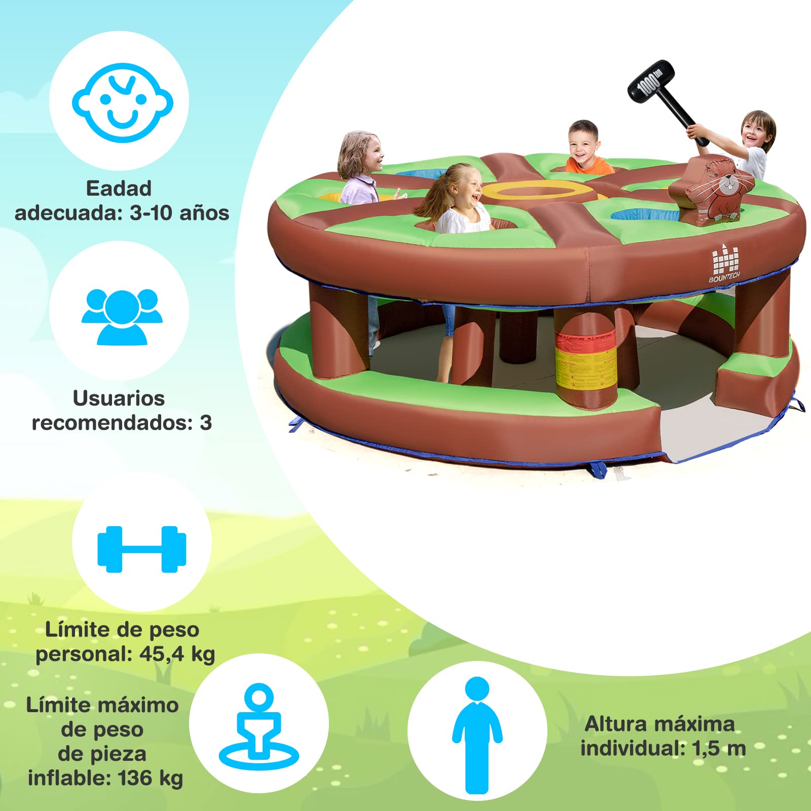 COSTWAY Juego Infantil Hinchable Golpeando un Topo, Juguete con Soplado de 480W, Bate Hinchable, Palos, Juego Interactivo para Patio, Parque, Fiesta, Regalo para Mayores de 3 Años