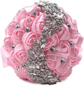 Satin Wedding Bouquet 7" Bride Bridesmaid Satin Rose Brooch Bouquet w/Crystal Rhinestone Custom-Made Artificial Floral Bouquet Centerpiece Arrangement, Pink Bouquet