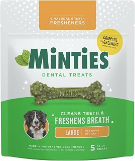 Minties Dental Chews for Dogs, 5 Count, Vet-Recommended Mint-Flavored Treats for Large Dogs Over 50 lbs, Dental Bones Clean Teeth, Fight Bad Breath, and Removes Plaque and Tartar