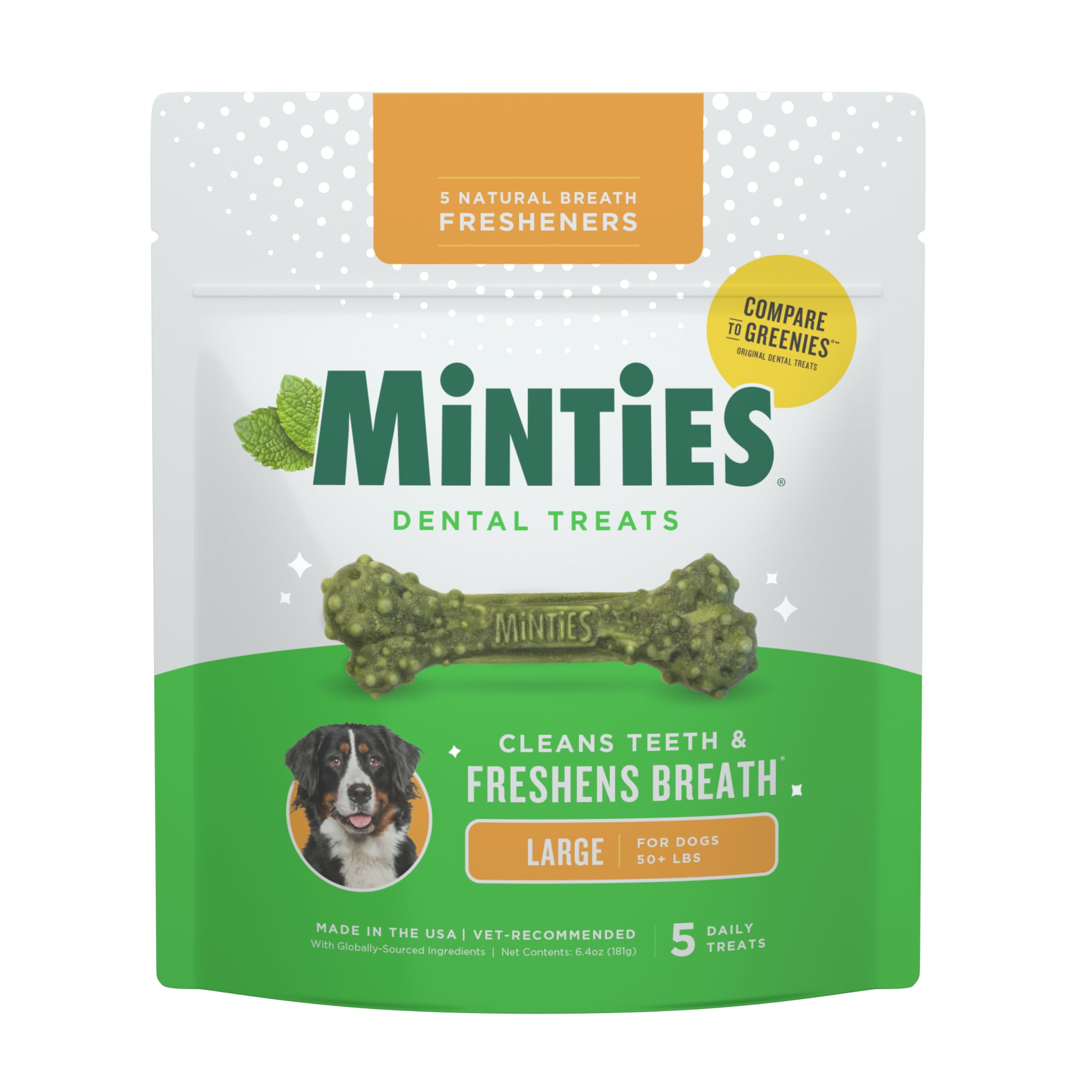 Minties Dental Chews for Dogs, 5 Count, Vet-Recommended Mint-Flavored Treats for Large Dogs Over 50 lbs, Dental Bones Clean Teeth, Fight Bad Breath, and Removes Plaque and Tartar