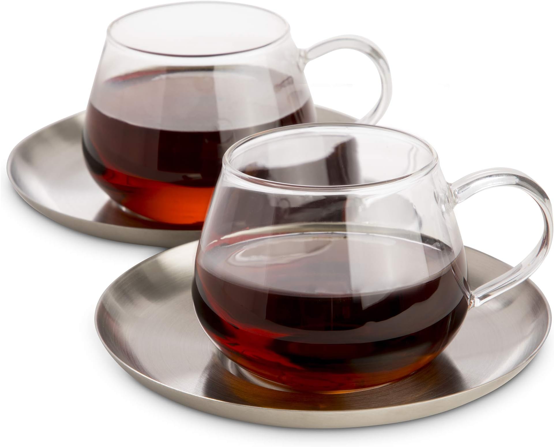 Elfin Glass Tea Cups and Saucers (Stainless Steel) 6.75oz / 200ml Danish Designer Tea Cup Set of 2 - Stylish Clear Glass Tea Cup and Saucer Set or Tea Glasses Set at Tea Time