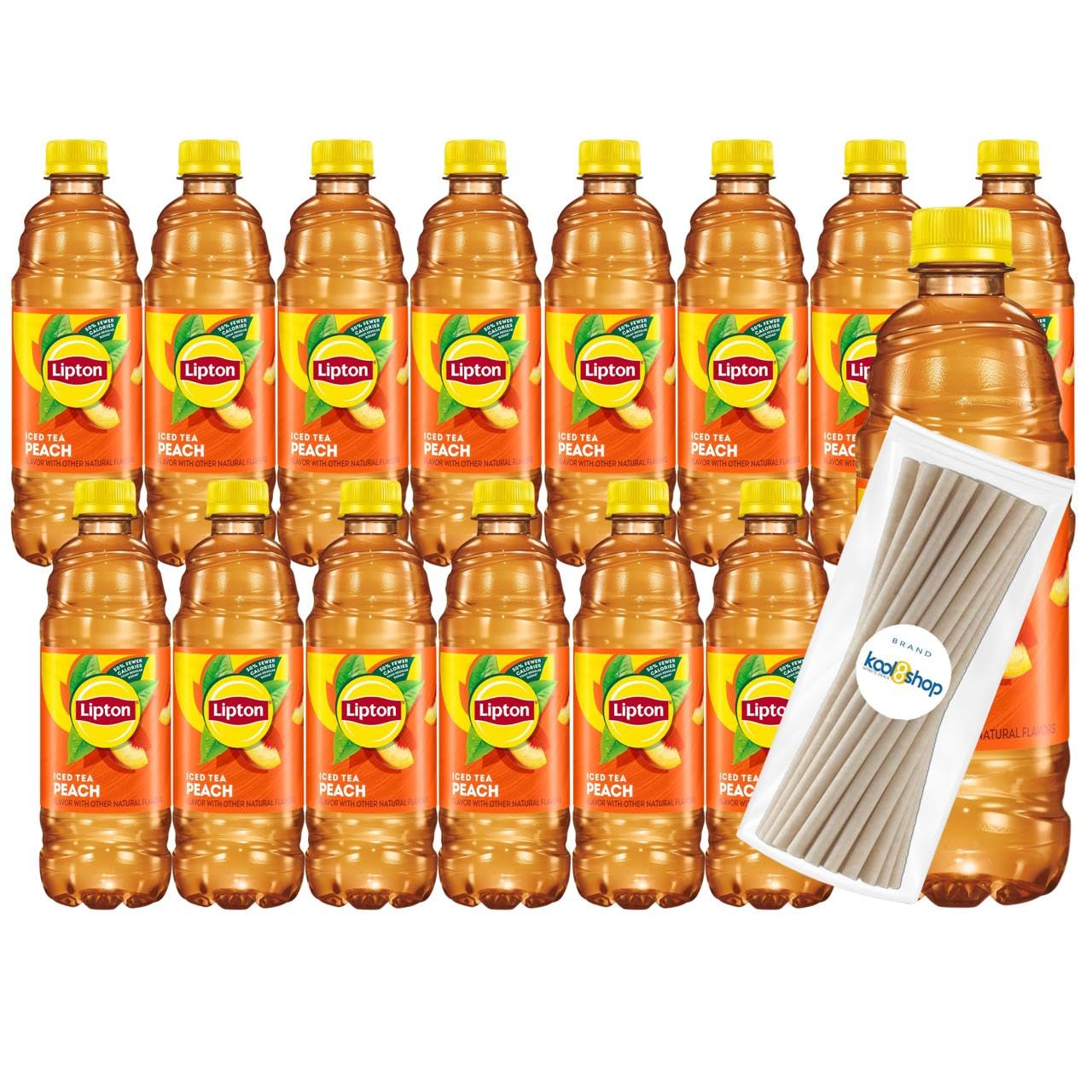 Lipton Peach Iced Tea 16.9 fl oz Plastic Bottles 15 pack + 15 Sugarcane Disposable Straws by KOOL8SHOP Infinite Deals