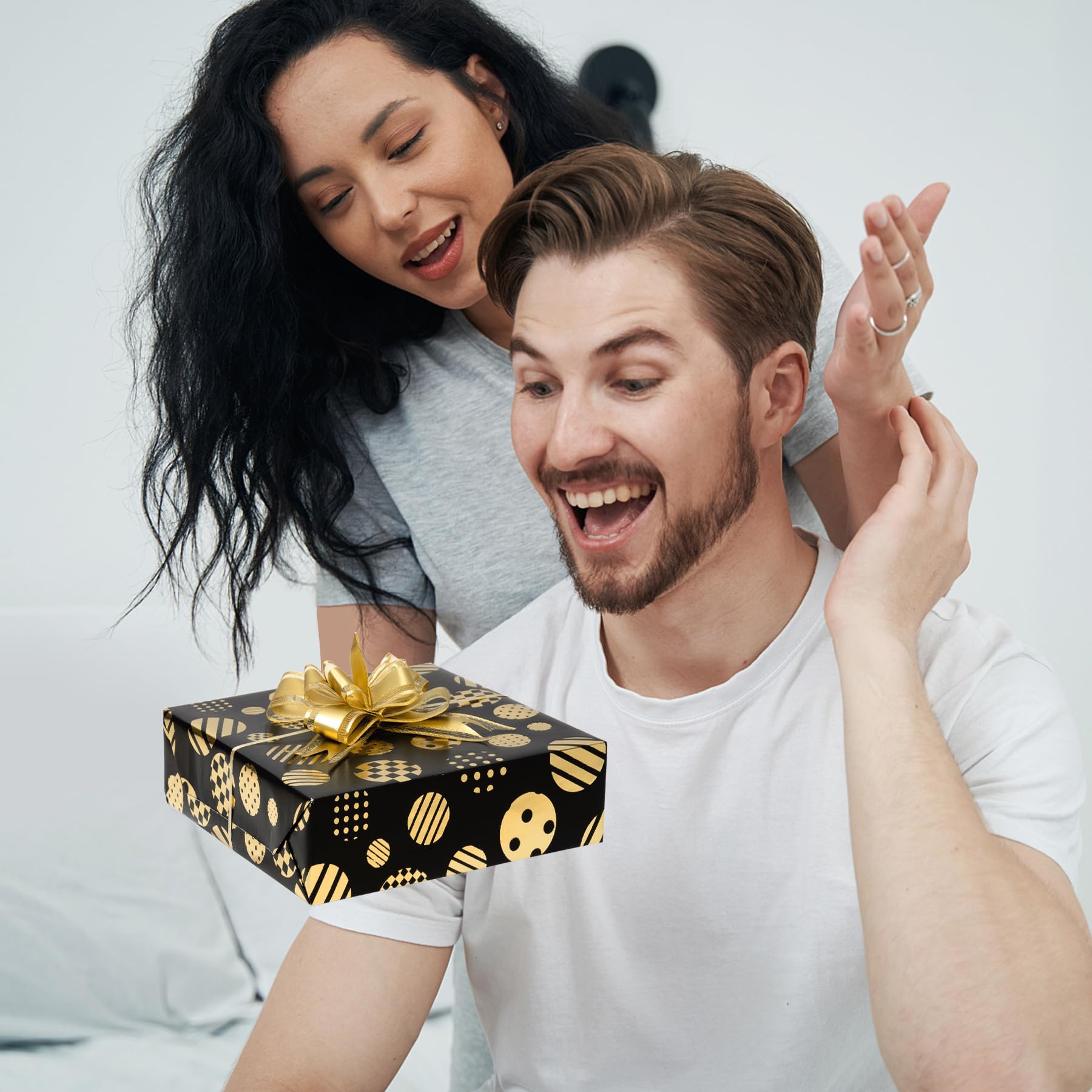 Carta Da Regalo Nera E Oro - 6 Fogli Metallizzati Con Fiocchi E Adesivi, 70x50cm - Foto 4