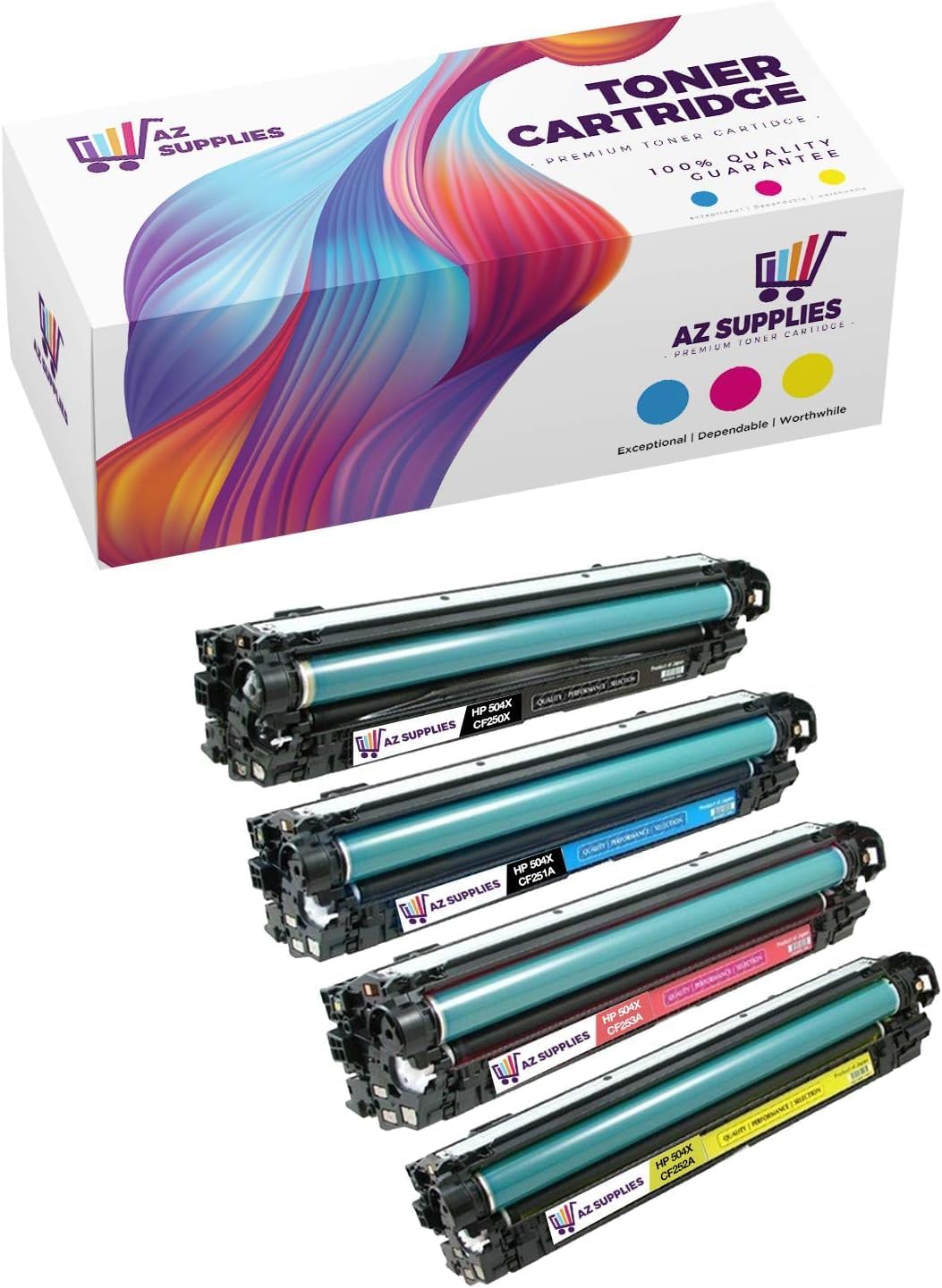 AZ SUPPLIES Compatible Toner Cartridges Set Replacement for HP 504X 504A CE250X CE251A CE252A CE253A use in Color Laserjet CM3530FS CM3530MFP CP3525DN CP3525N CP3525X (CMYK Cyan Magenta YEL Blk 4 PK)