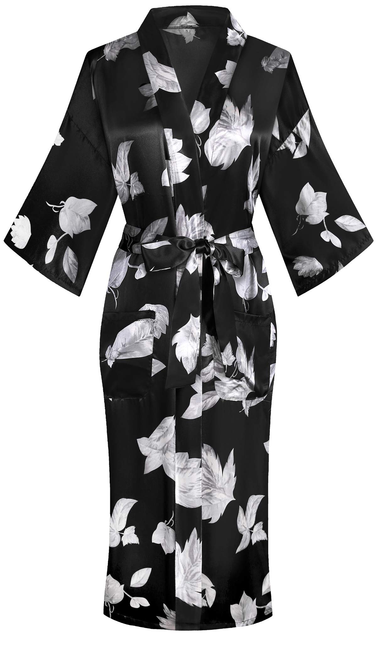 Valennia Women Long Silky Bathrobe Satin Kimono Robe Floral Printed Dressing Gown Sleepwear