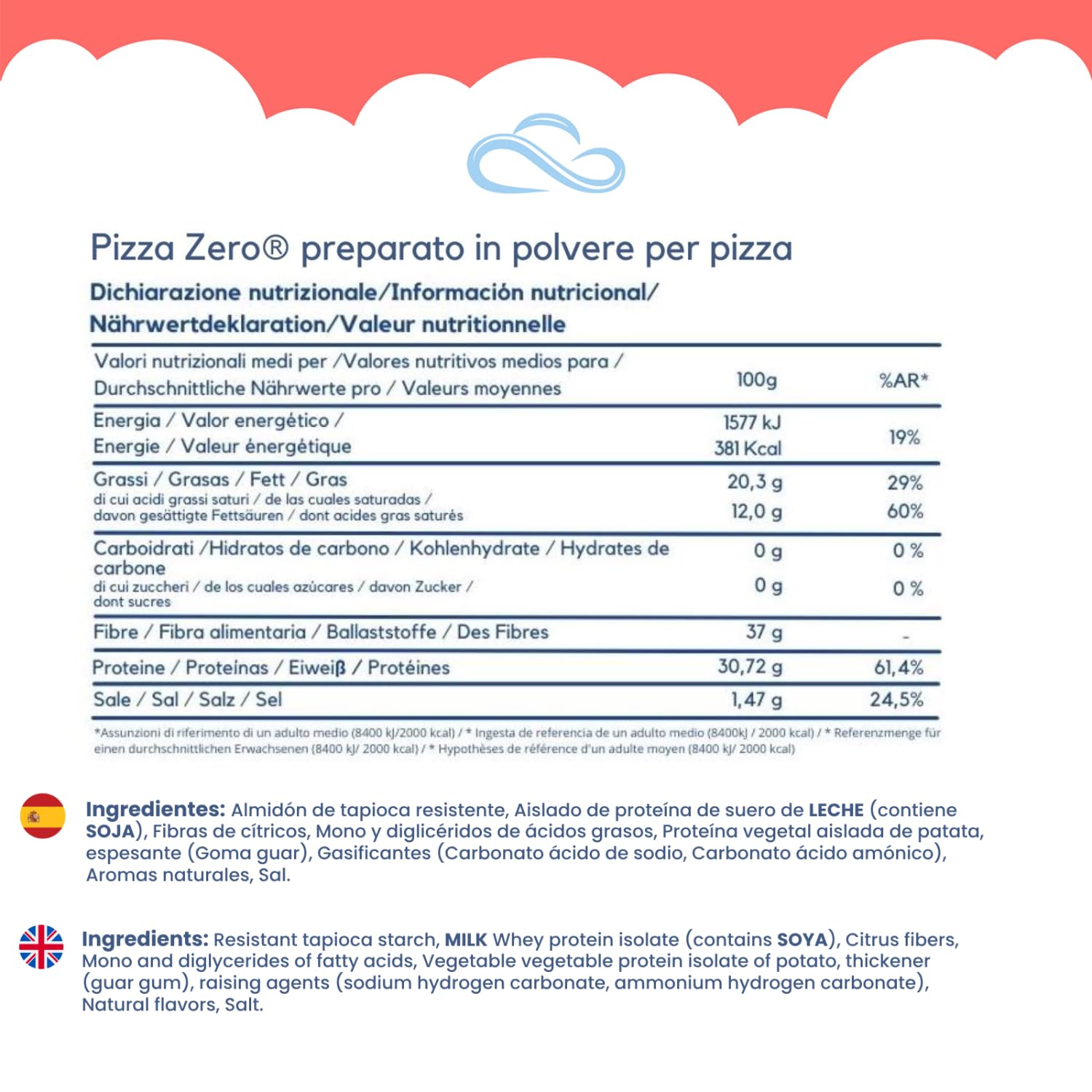 Nuvola Zero - Preparado para Pizza Proteica en Polvo, 540g x 6 Keto Pizzas, Sin carbohidratos, Sin levadura, Sin gluten, Sin lactosa, Sin azúcares, Made in Italy