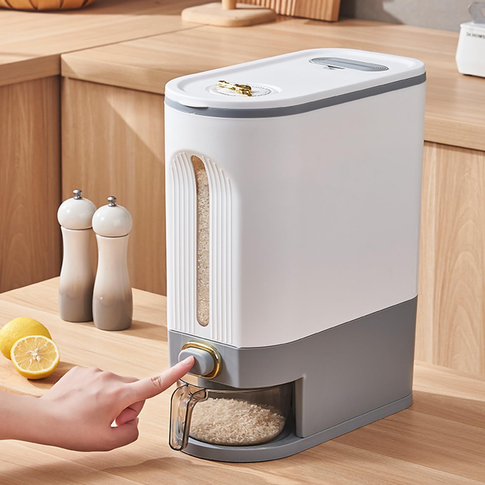 Dispenser Di Riso Ermetico 5 Kg Con Misurino – Contenitore Trasparente In Plastica Alimentare, Multifunzionale E Visibile Per Cucina (Grigio, Misura S)