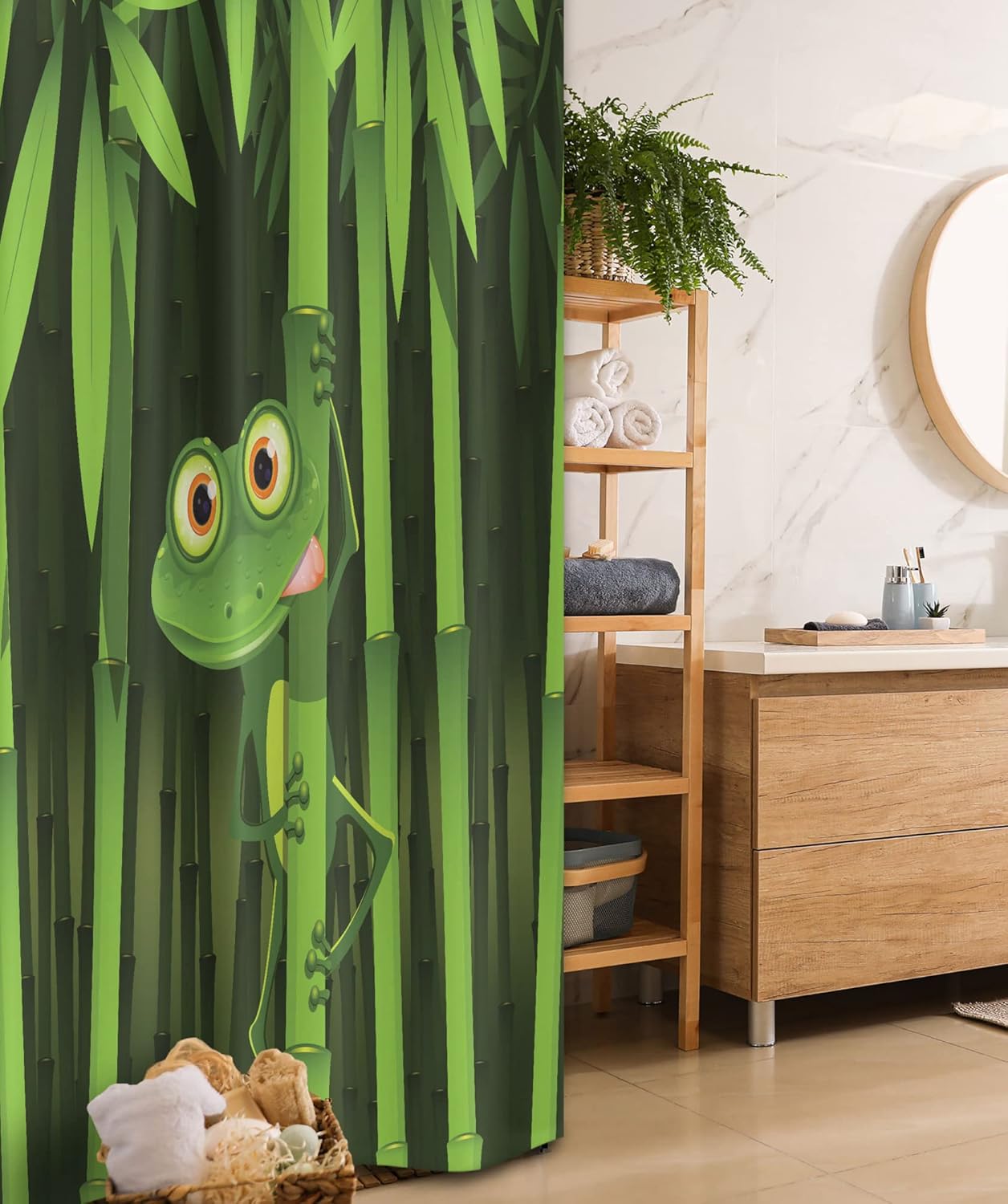 Ambesonne Animal Stall Shower Curtain, Funny Illustration of a Friendly Fun Frog Character on Jungle Trees Nature Forest Cartoon, Fabric Bathroom Decor Set with Hooks, 36" W x 72" L, Green