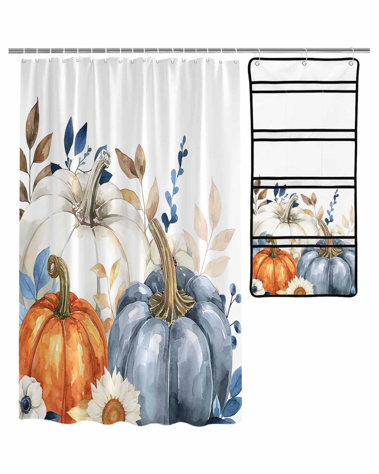 Decorative Shower Curtain Sets Fall Polyester Fabric Waterproof Bath Shower Curtains Thanksgiving Flowers Pumpkin Leaf White Mesh Shower
