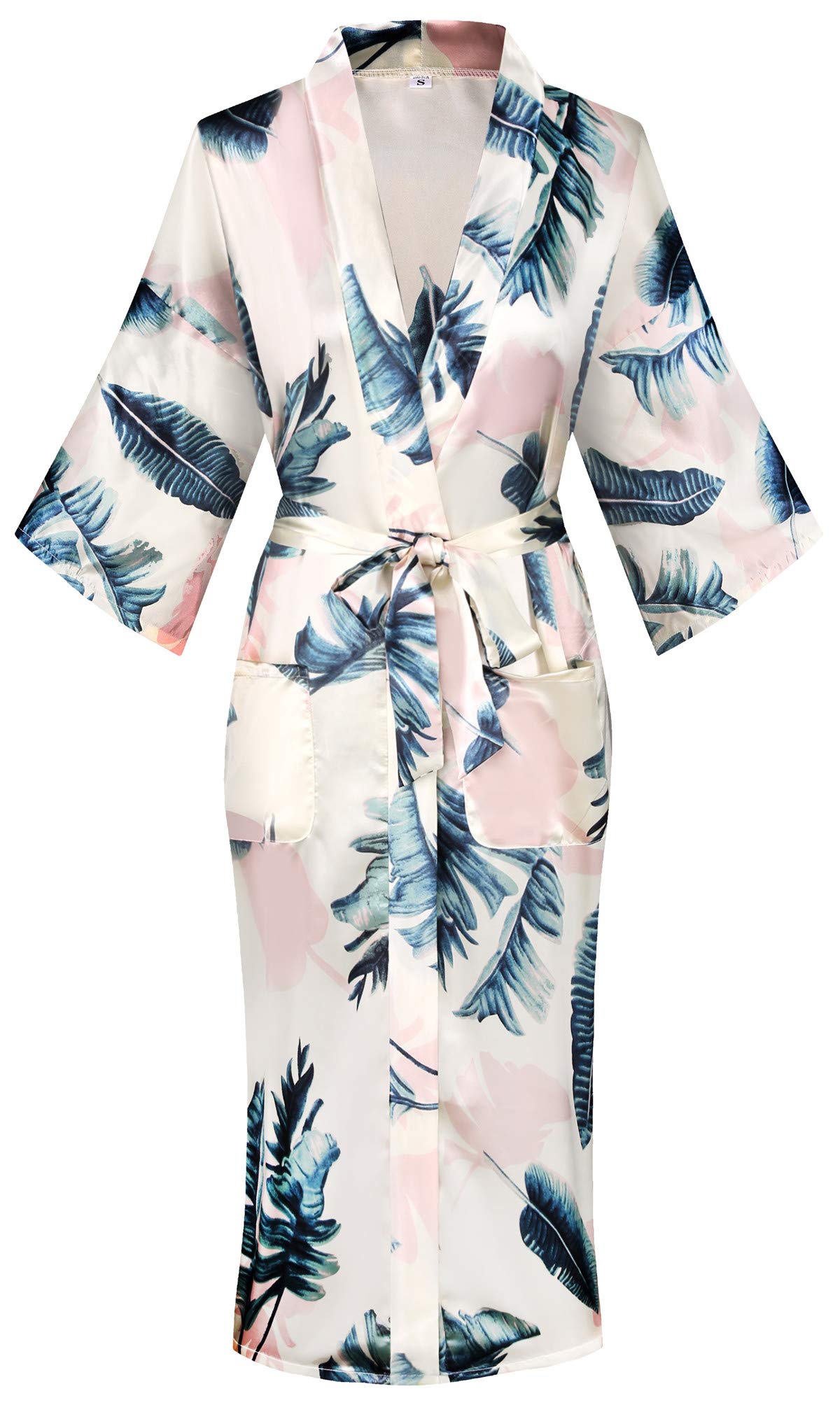 Valennia Women Long Silky Bathrobe Satin Kimono Robe Floral Printed Dressing Gown Sleepwear