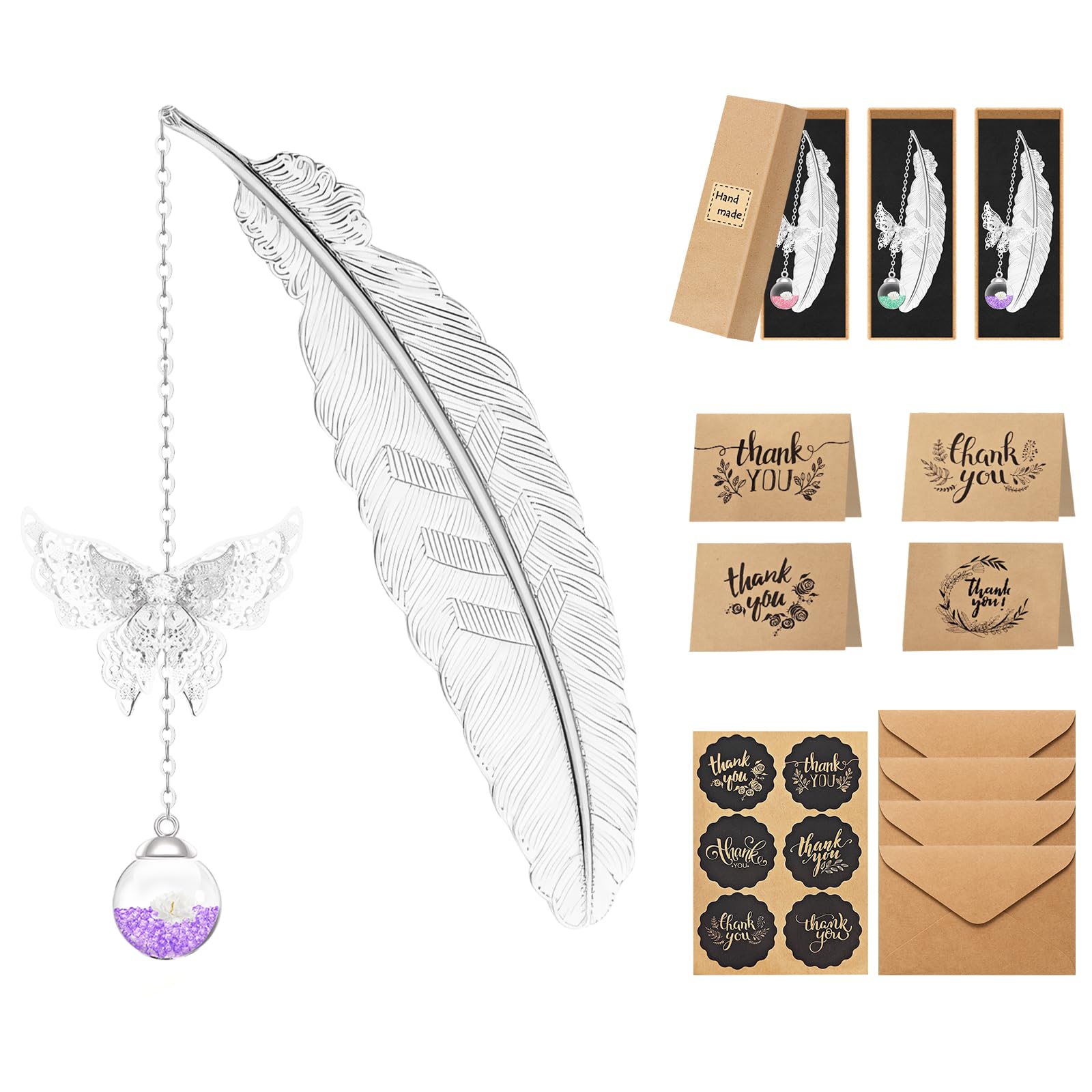 Marcapáginas de Metal, 3 Marcapáginas de Mariposa de Plumas con Colgante de Flor seca, Regalo Perfecto para Profesores, Juego de Tarjetas de Felicitación para Cumpleaños, Aniversarios