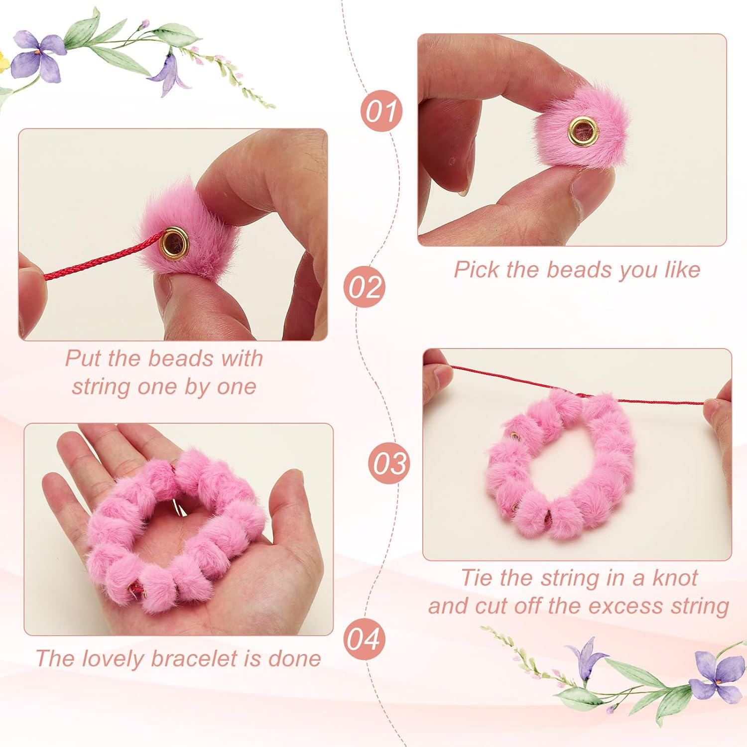 50-Pack Fluffy Faux Fur Pom Pom Beads, 2cm(0.8in) Soft Fuzzy Spacer Bead for DIY Craft/Jewelry Making/Pens/Keychain/Handicrafts, Colorful Bulk Puff Beadable Items [Pink] - Image 4