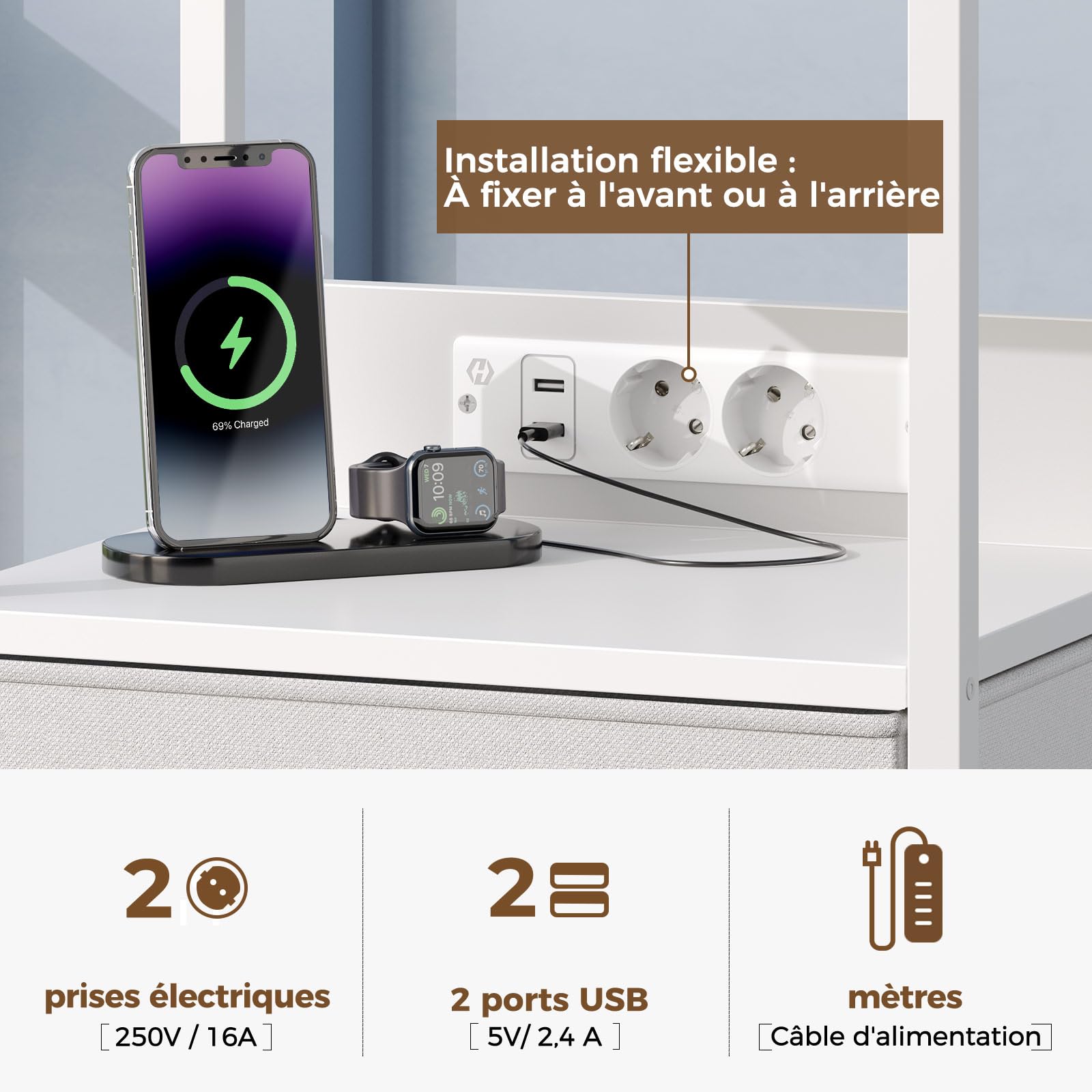 Seventable Lot de 2 Tables de Chevet connectées - avec 3 tiroirs, Prises USB et éclairage LED - pour Chambre à Coucher, Salon ou canapé (2, Blanc)