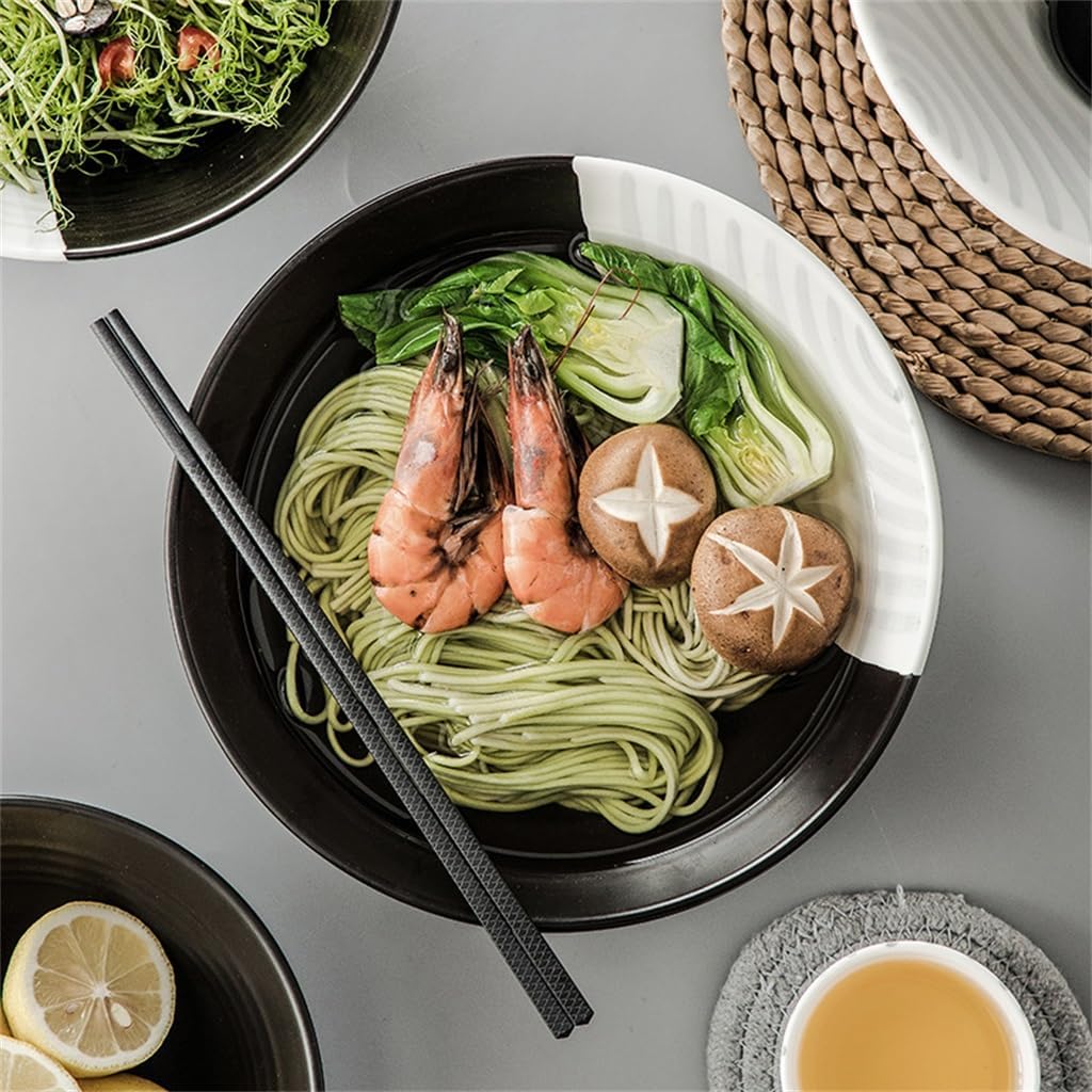 Black and White Ramen Bowl Ceramic Doobie Fruit Salad Soup for Home Use